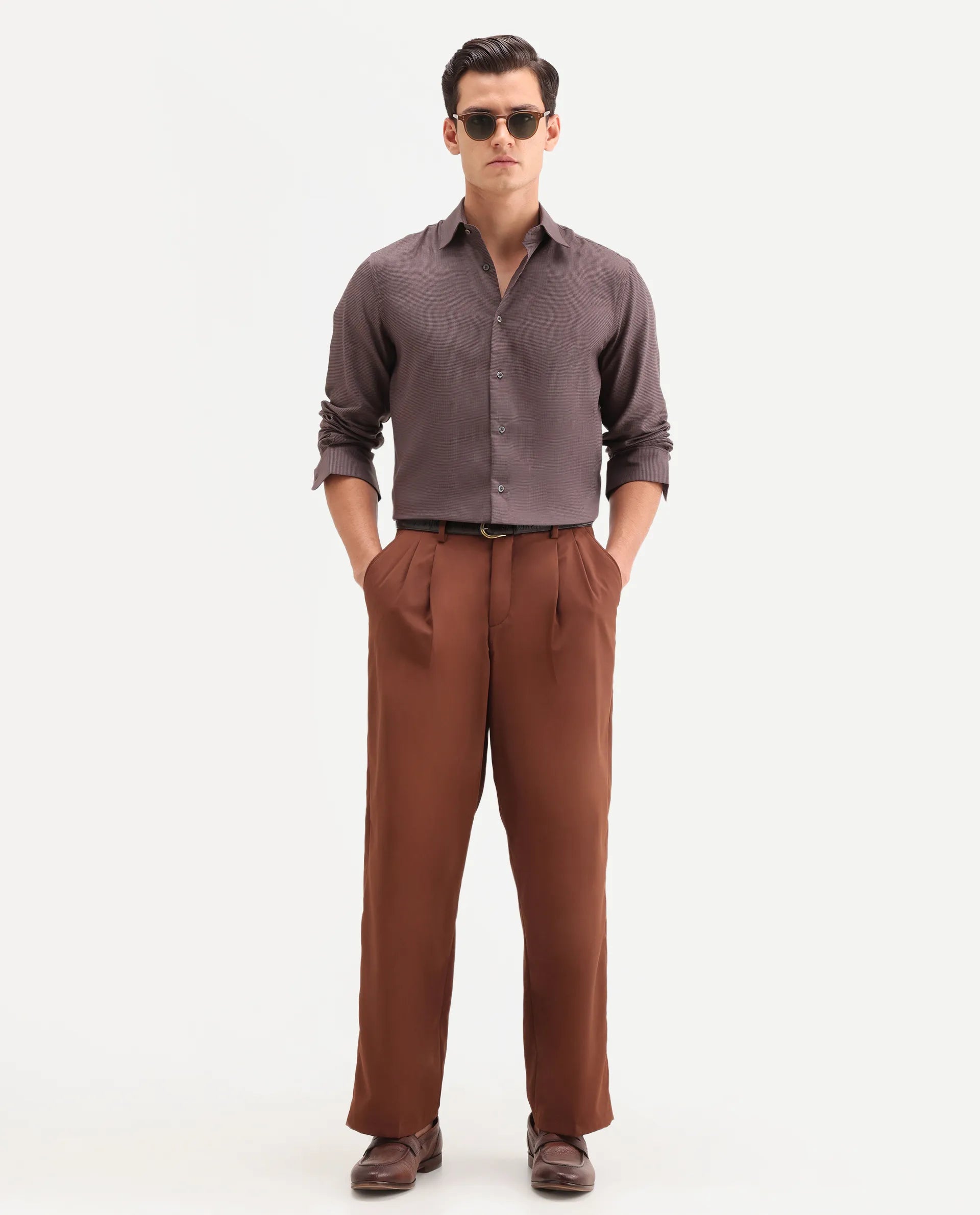 Rare Rabbit Men's Lume Maroon Tencel Fabric Full Sleeve Spread Collar Button Regular Plain Shirt