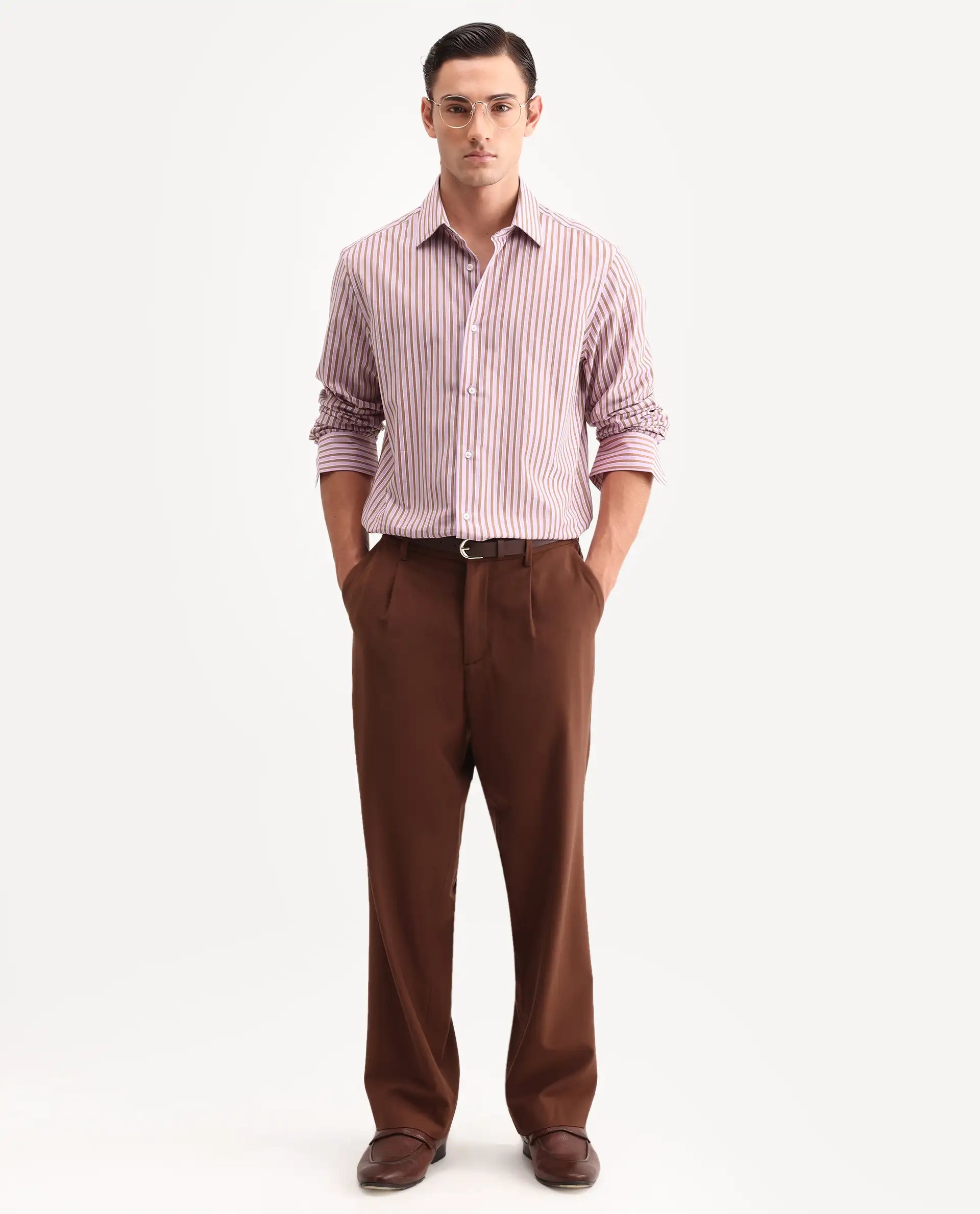 Rare Rabbit Men's Mant Pink Cotton Full Sleeve Spread Collar Regular Fit Striped Shirt