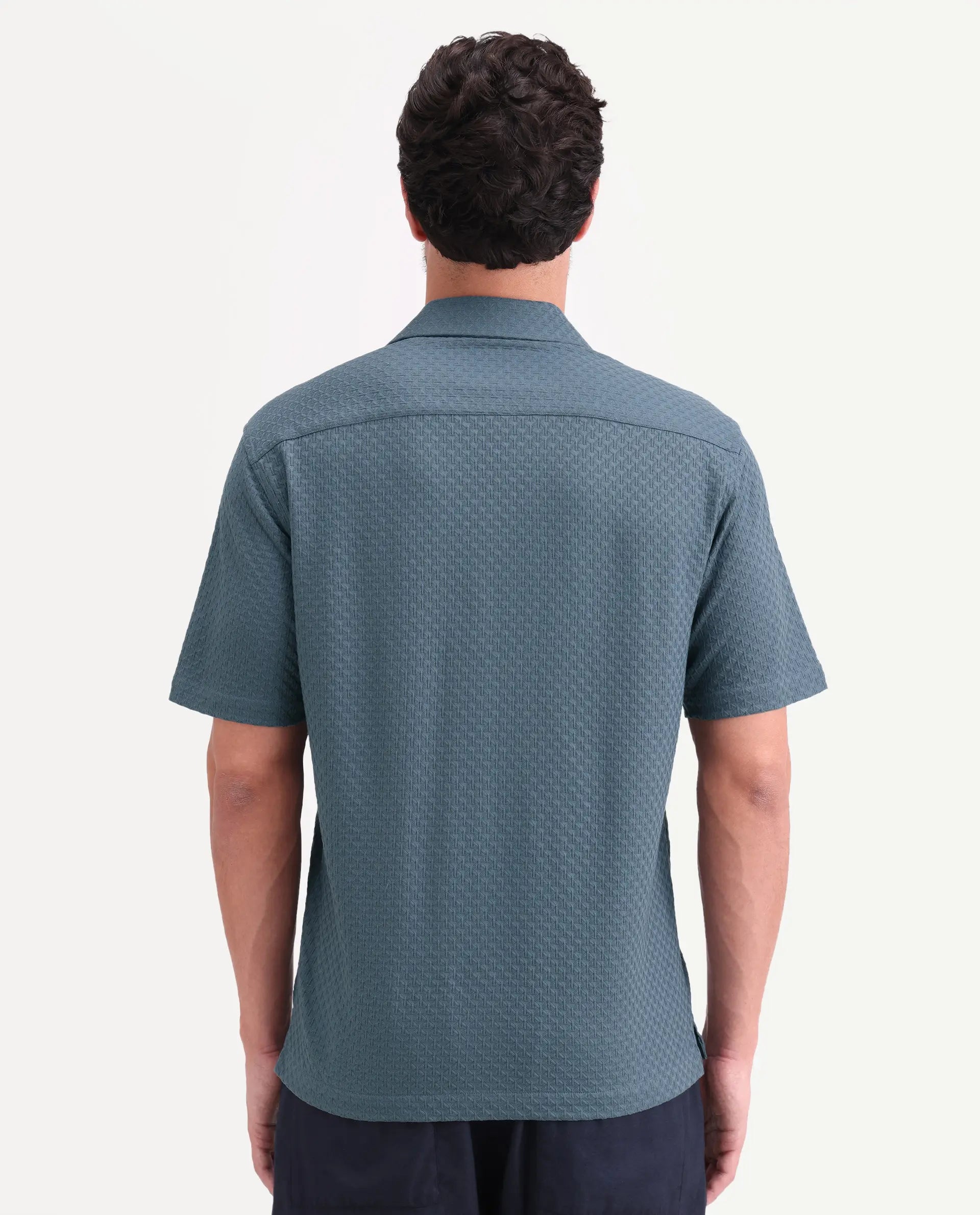 Rare Rabbit Men's Otis Dusky Blue Viscose Fabric Half Sleeve Cuban Collar Regular Textured Shirt