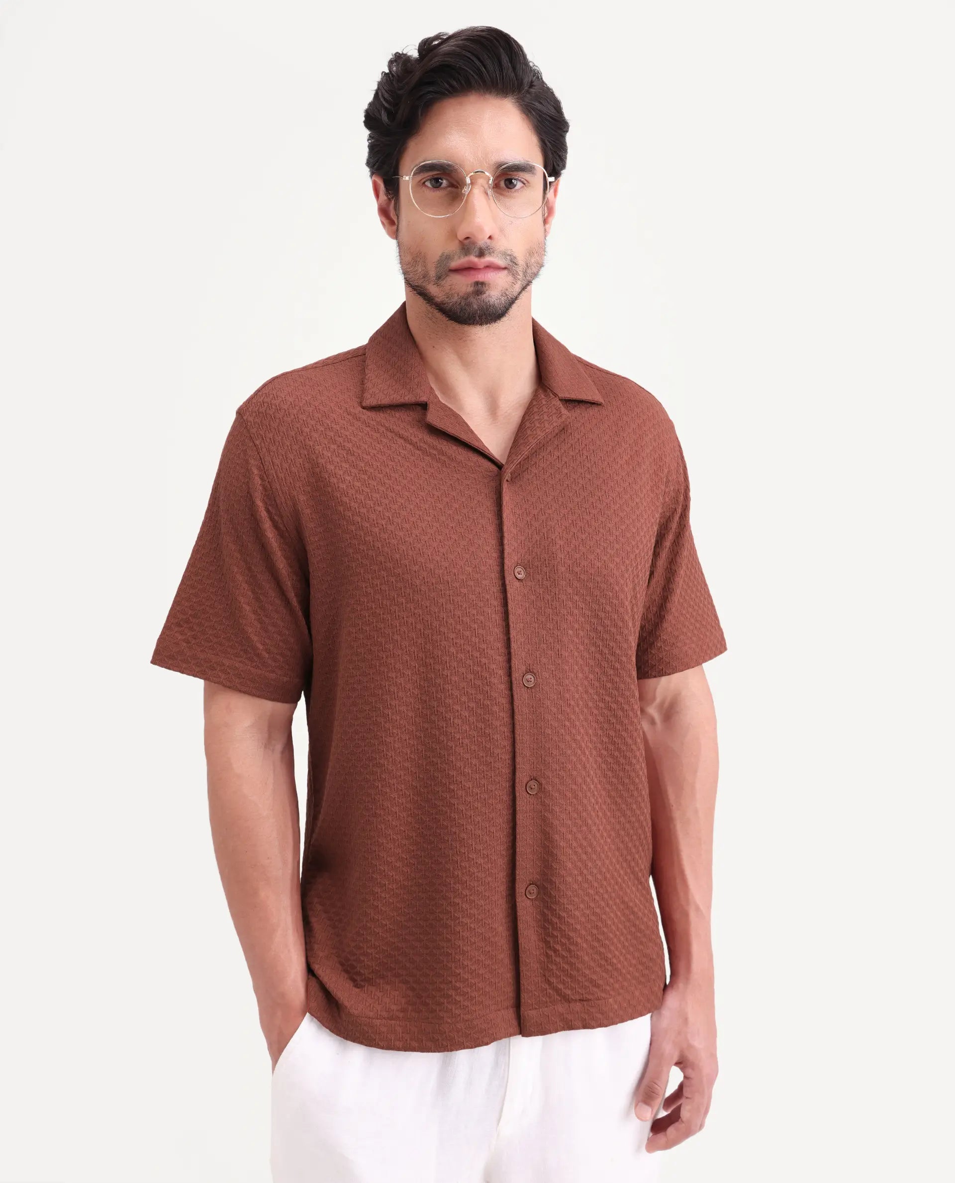 Rare Rabbit Men's Otis Light Rust Cotton Fabric Half Sleeve Cuban Collar Regular Textured Shirt