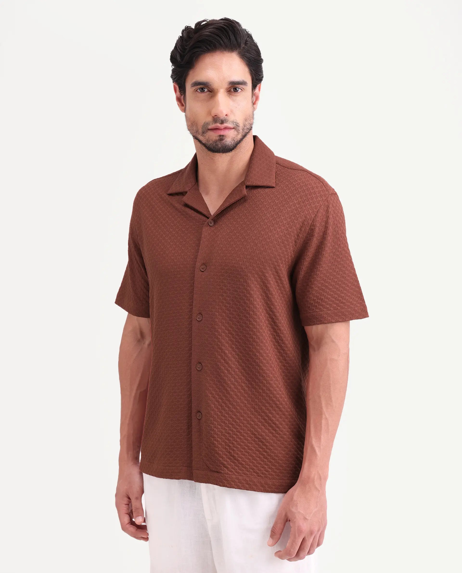 Rare Rabbit Men's Otis Light Rust Cotton Fabric Half Sleeve Cuban Collar Regular Textured Shirt