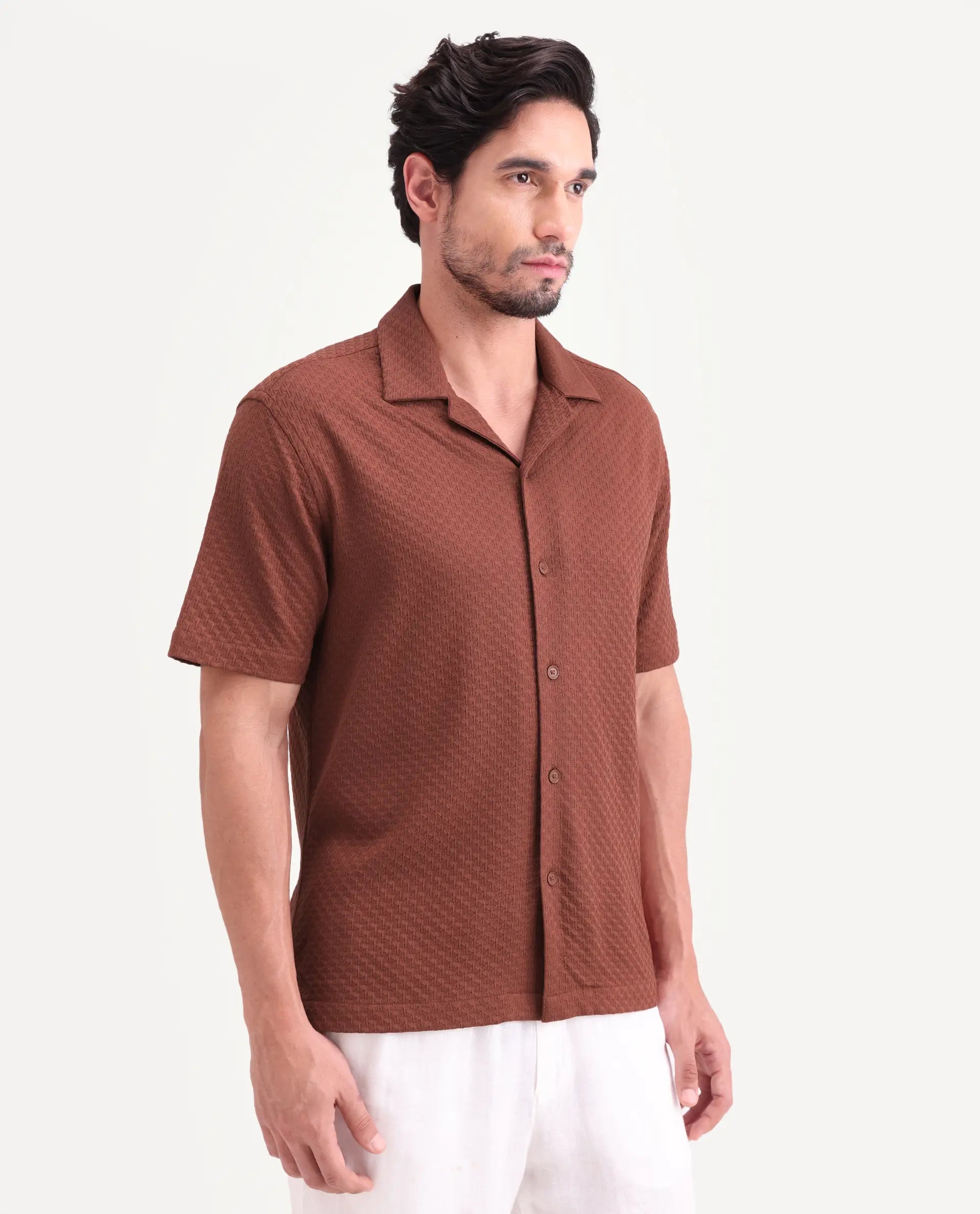 Rare Rabbit Men's Otis Light Rust Cotton Fabric Half Sleeve Cuban Collar Regular Textured Shirt