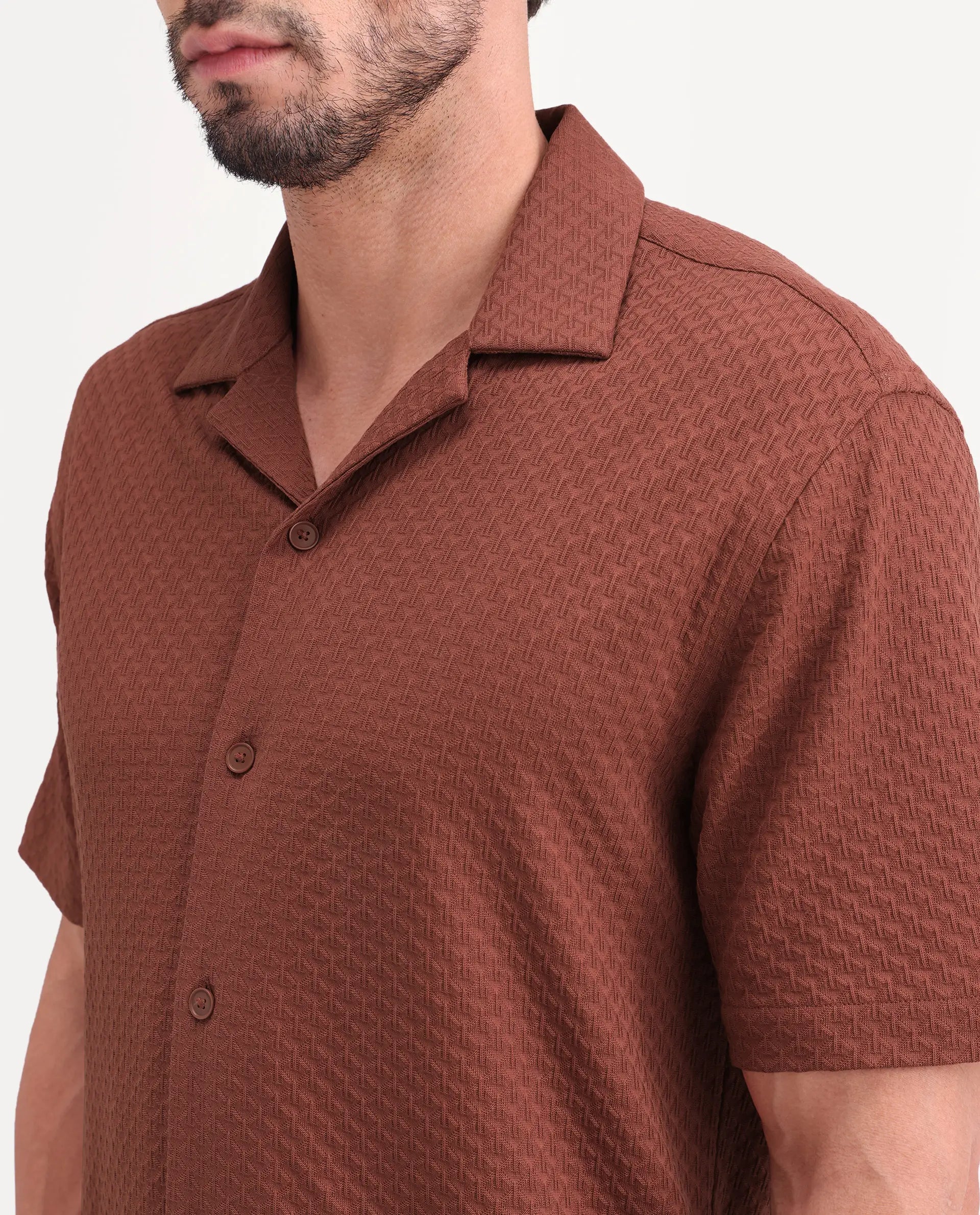 Rare Rabbit Men's Otis Light Rust Cotton Fabric Half Sleeve Cuban Collar Regular Textured Shirt