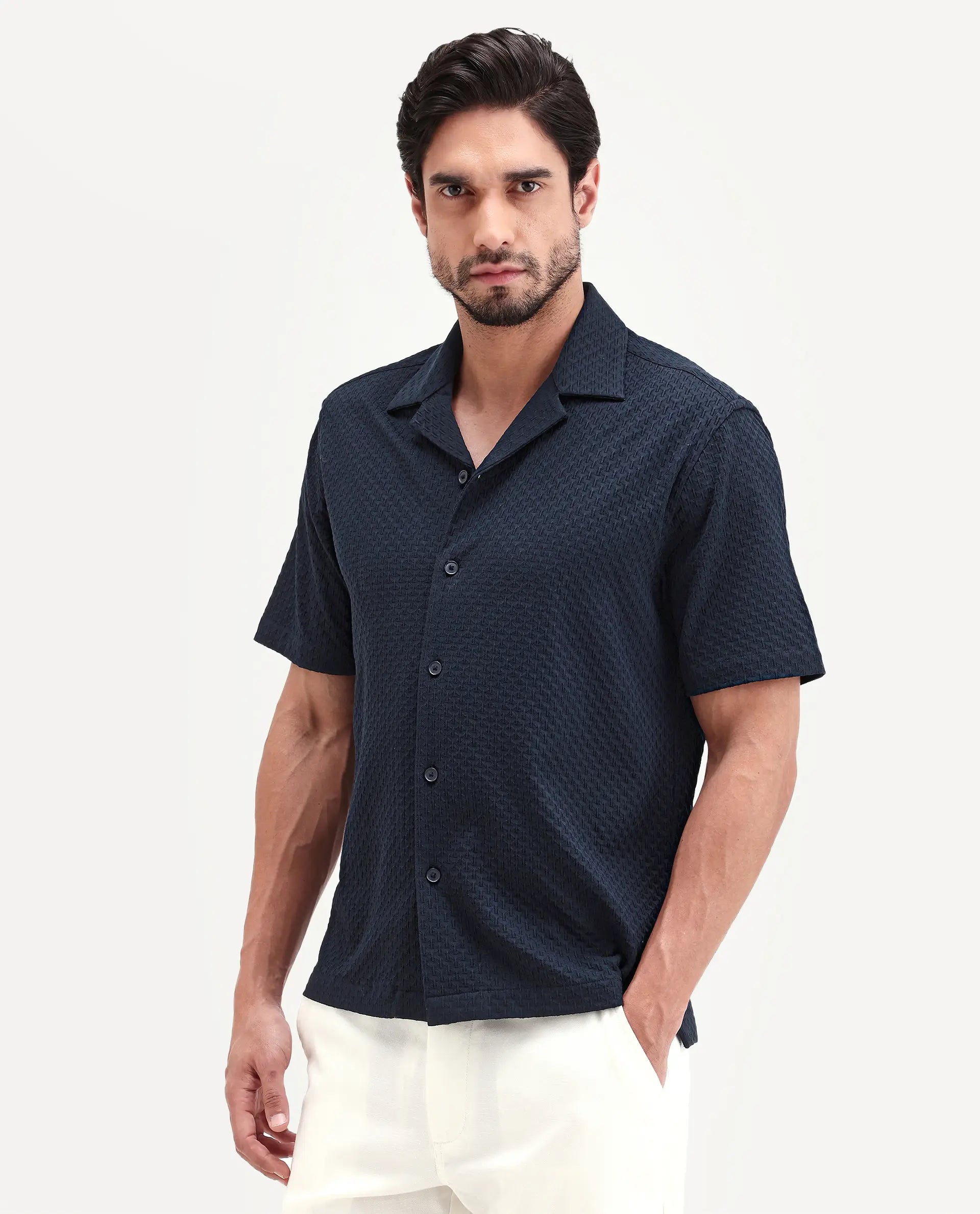 Rare Rabbit Men's Otis Dark Navy Cotton Fabric Half Sleeve Cuban Collar Regular Textured Shirt