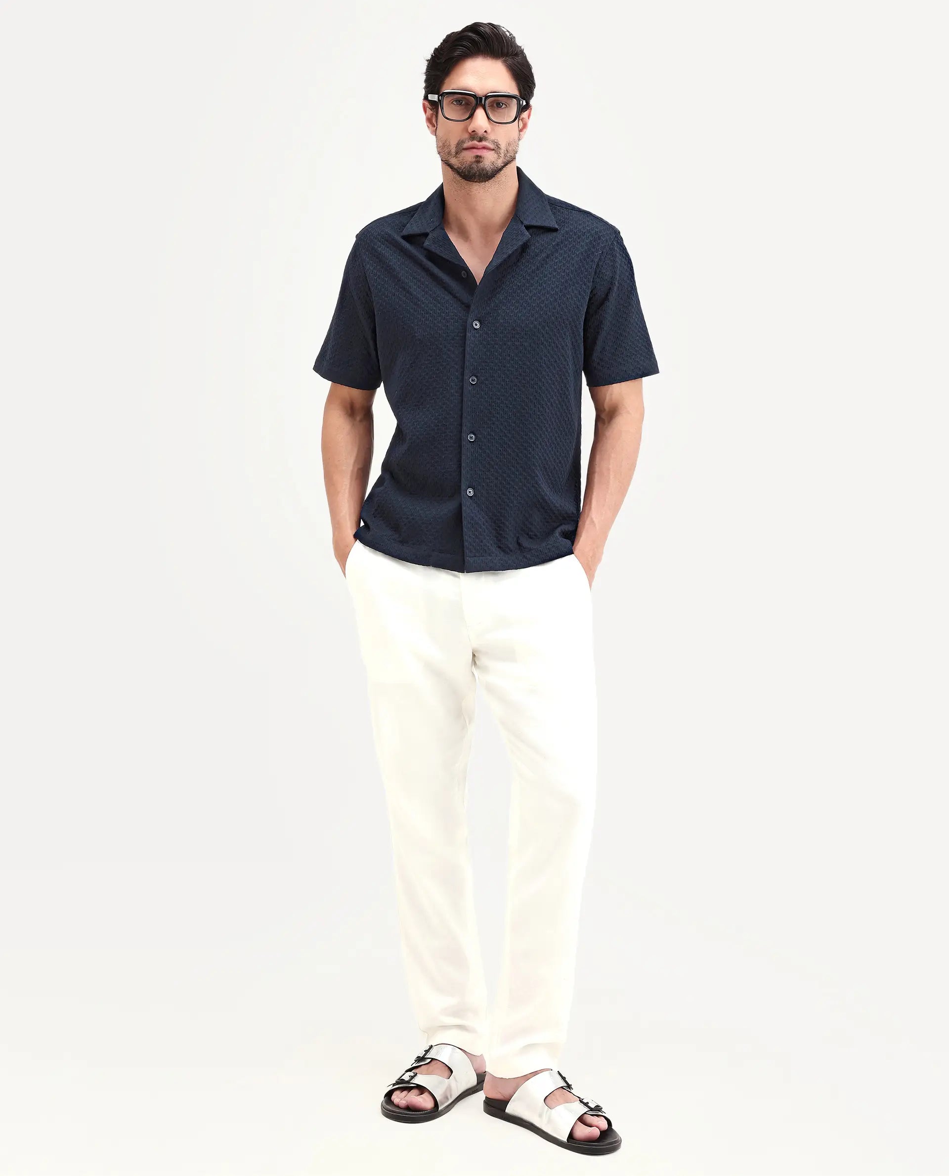 Rare Rabbit Men's Otis Dark Navy Cotton Fabric Half Sleeve Cuban Collar Regular Textured Shirt