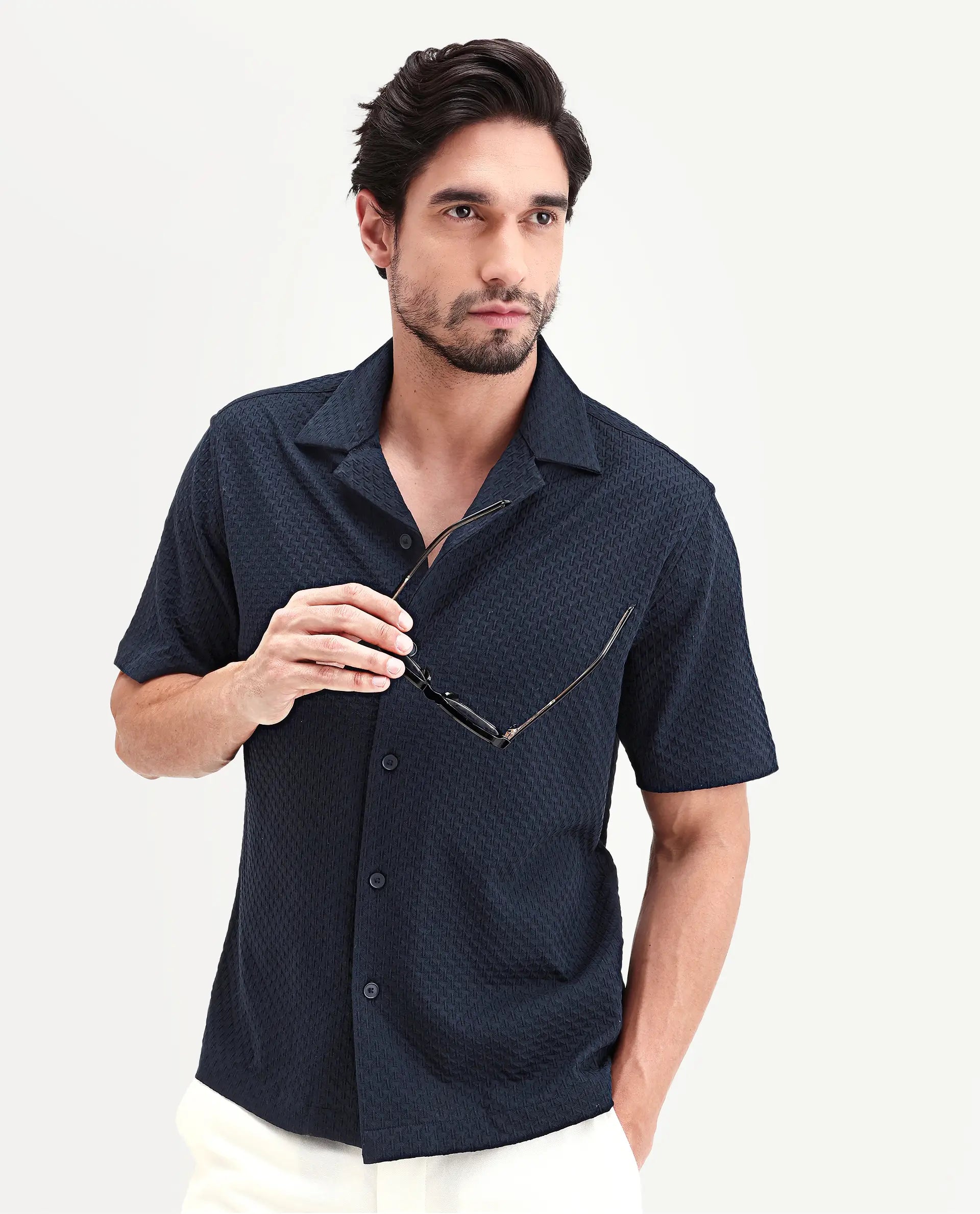 Rare Rabbit Men's Otis Dark Navy Cotton Fabric Half Sleeve Cuban Collar Regular Textured Shirt