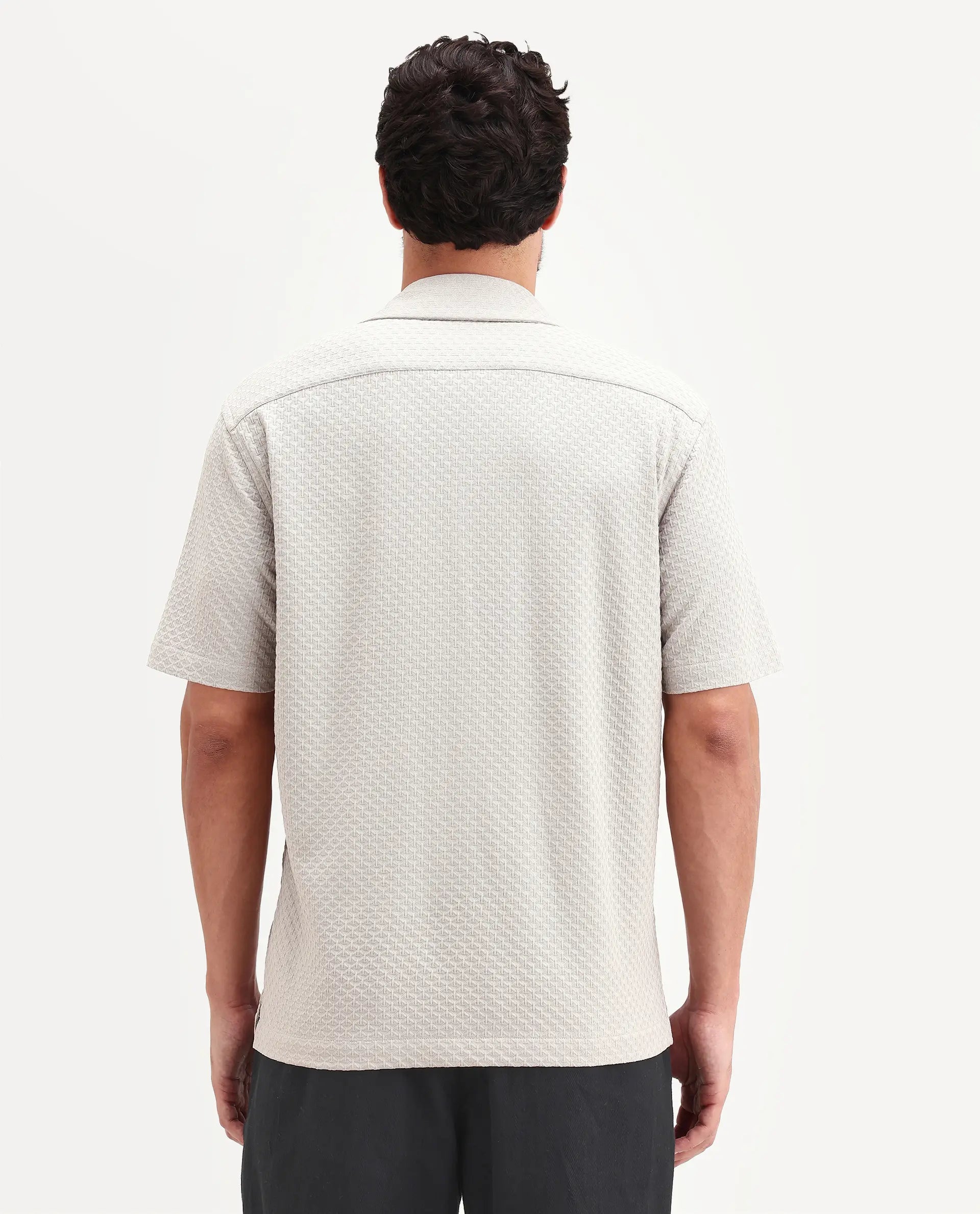 Rare Rabbit Men's Otis Light Grey Viscose Fabric Half Sleeve Cuban Collar Regular Textured Shirt