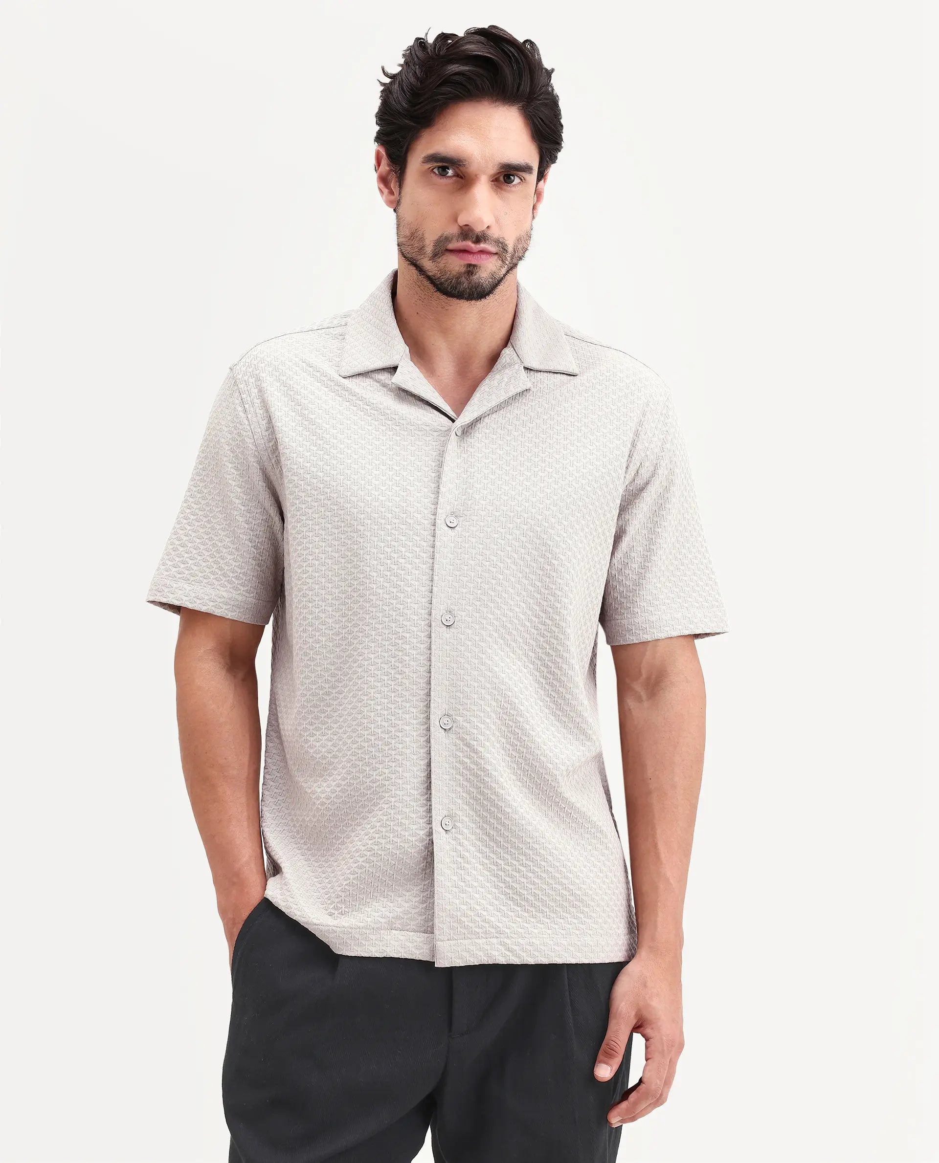 Rare Rabbit Men's Otis Light Grey Viscose Fabric Half Sleeve Cuban Collar Regular Textured Shirt