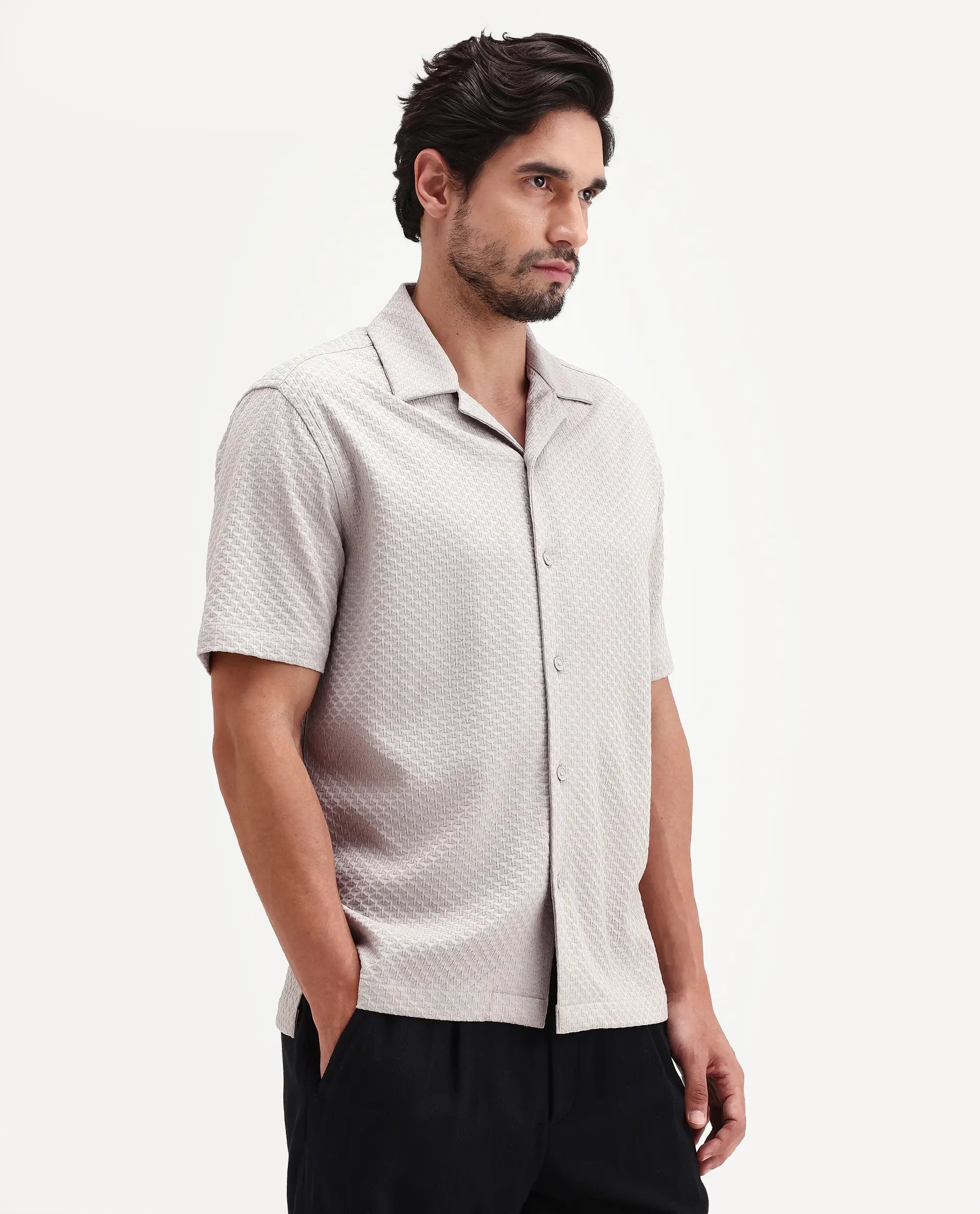 Rare Rabbit Men's Otis Light Grey Viscose Fabric Half Sleeve Cuban Collar Regular Textured Shirt