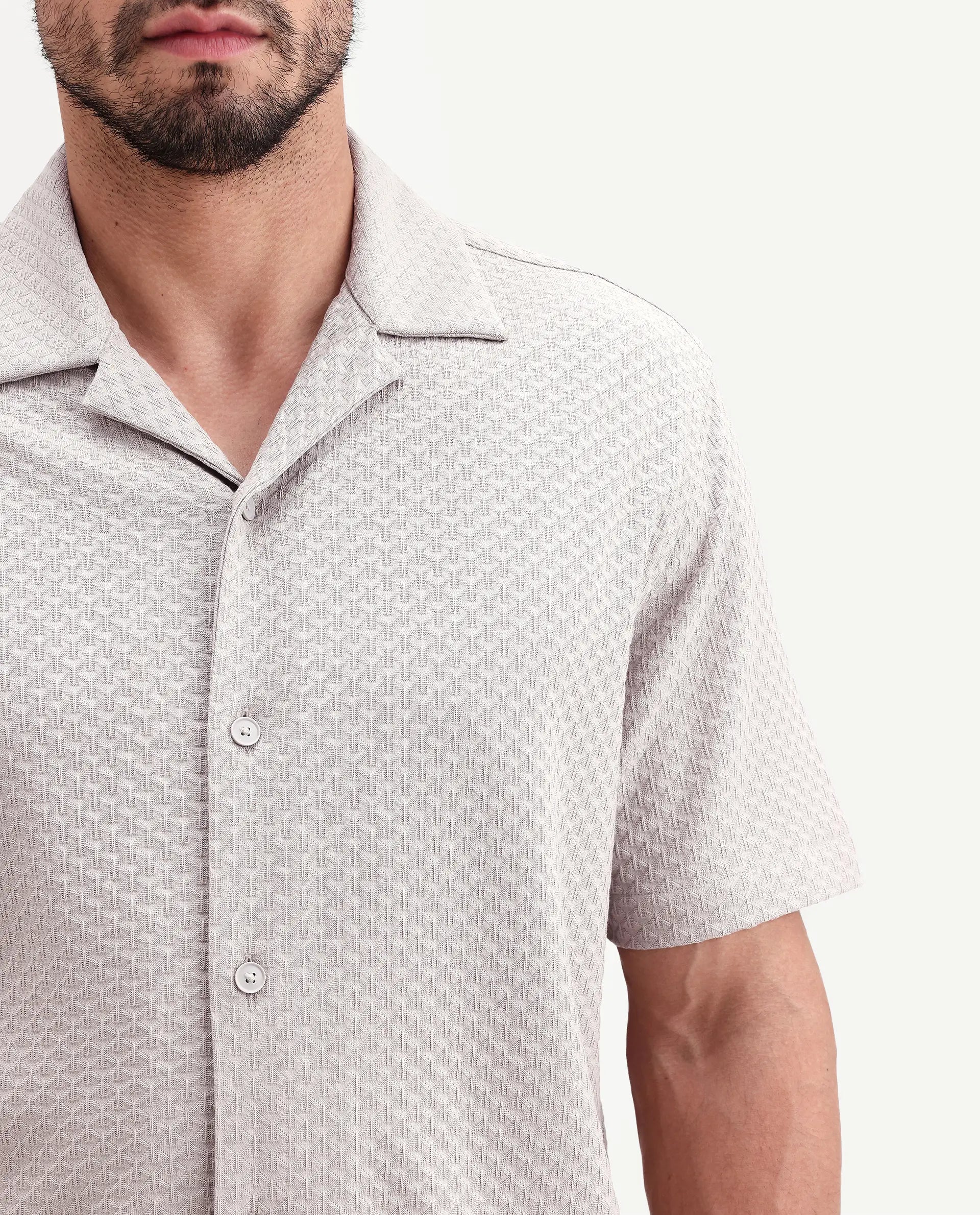 Rare Rabbit Men's Otis Light Grey Viscose Fabric Half Sleeve Cuban Collar Regular Textured Shirt