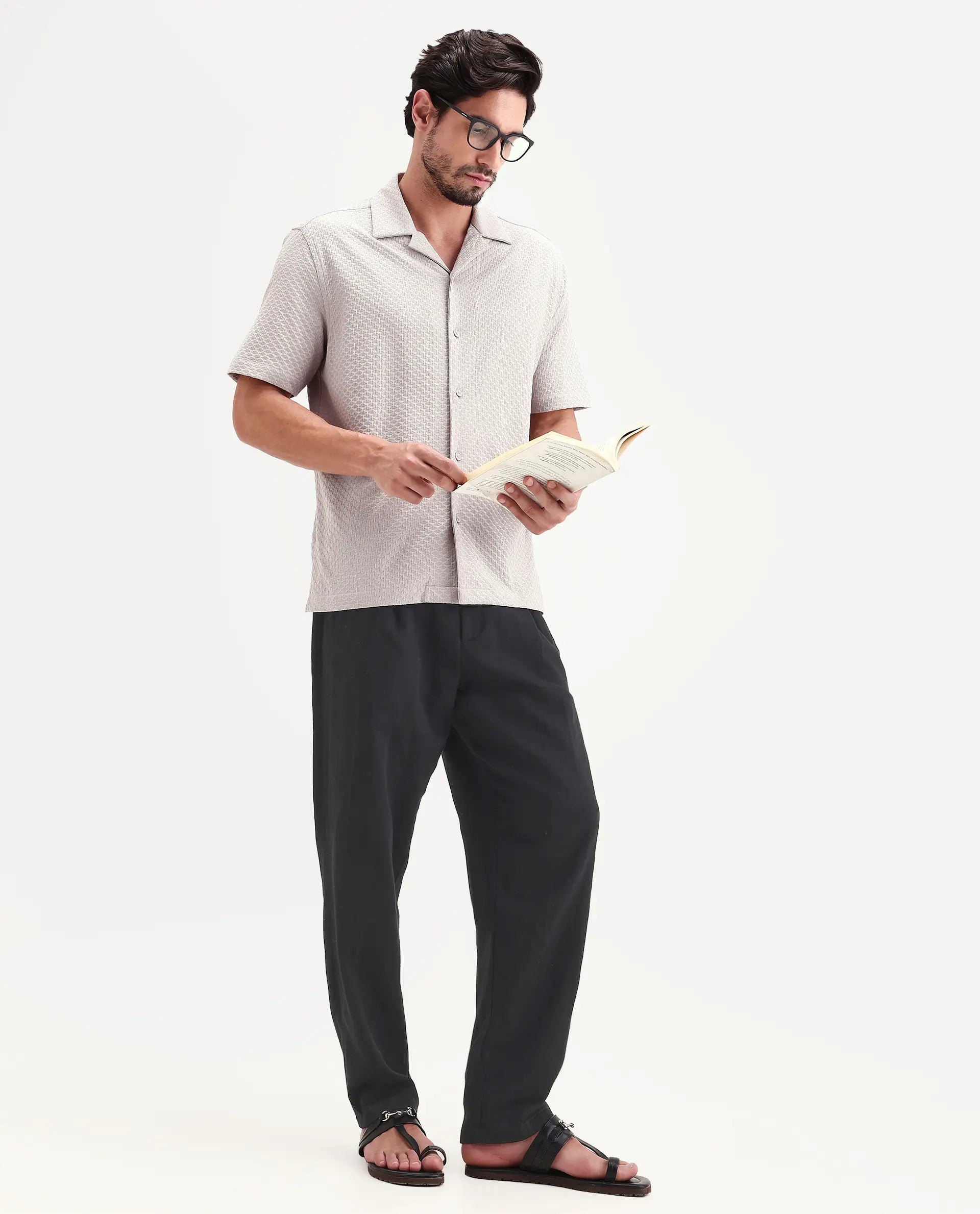 Rare Rabbit Men's Otis Light Grey Viscose Fabric Half Sleeve Cuban Collar Regular Textured Shirt