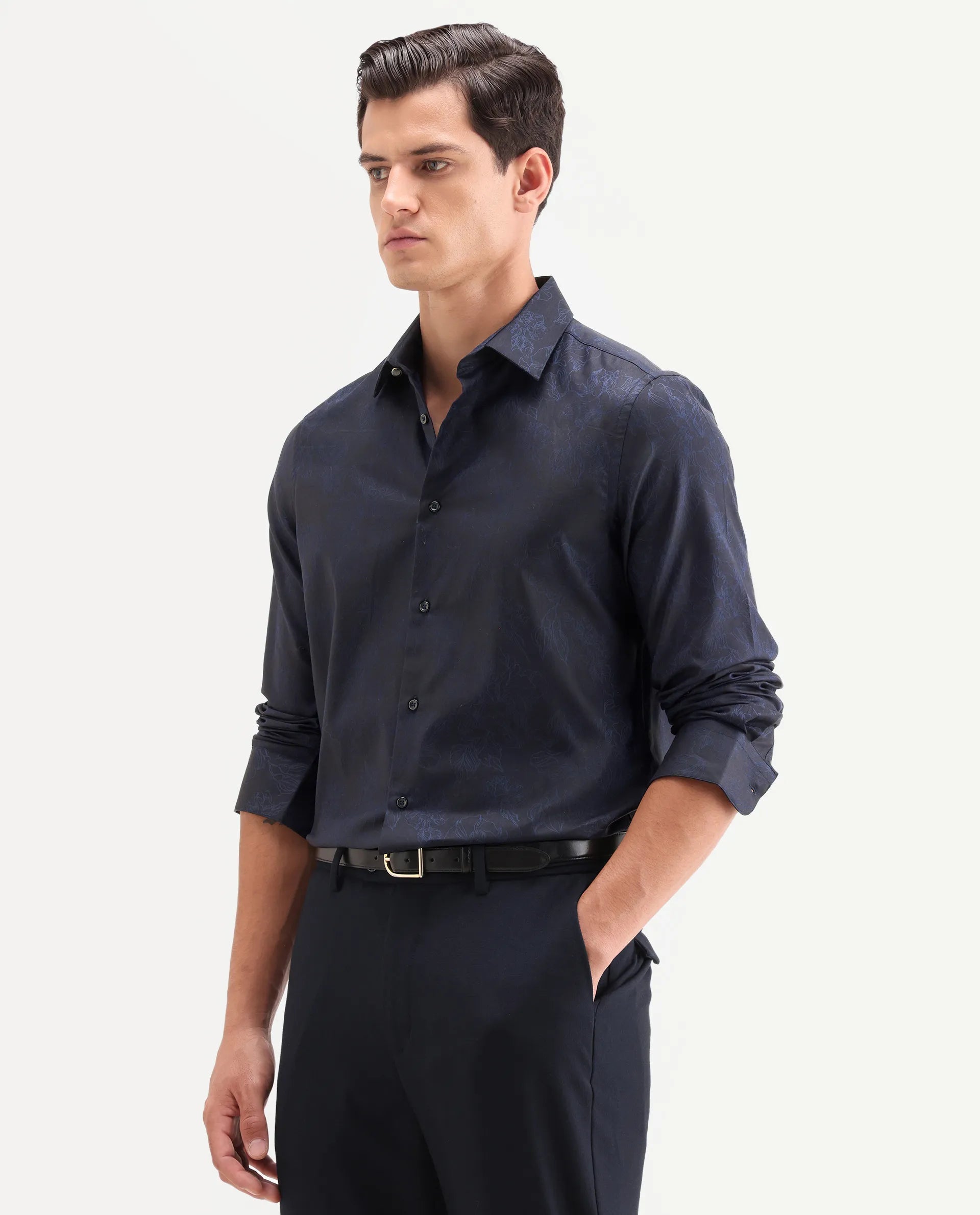 Rare Rabbit Men's Oxon Navy Cotton Fabric Full Sleeve Spread Collar Button Regular Floral Print Shirt