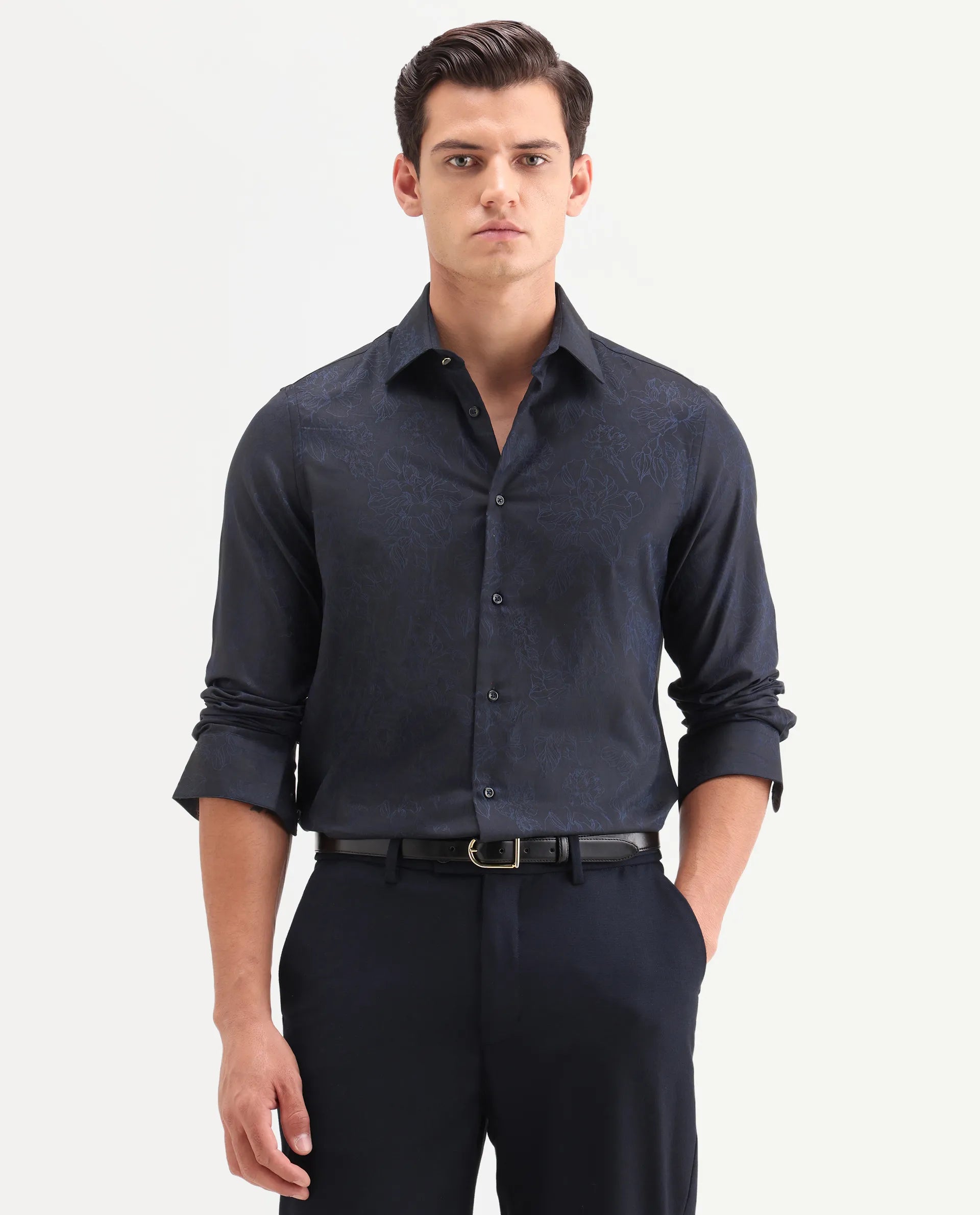 Rare Rabbit Men's Oxon Navy Cotton Fabric Full Sleeve Spread Collar Button Regular Floral Print Shirt