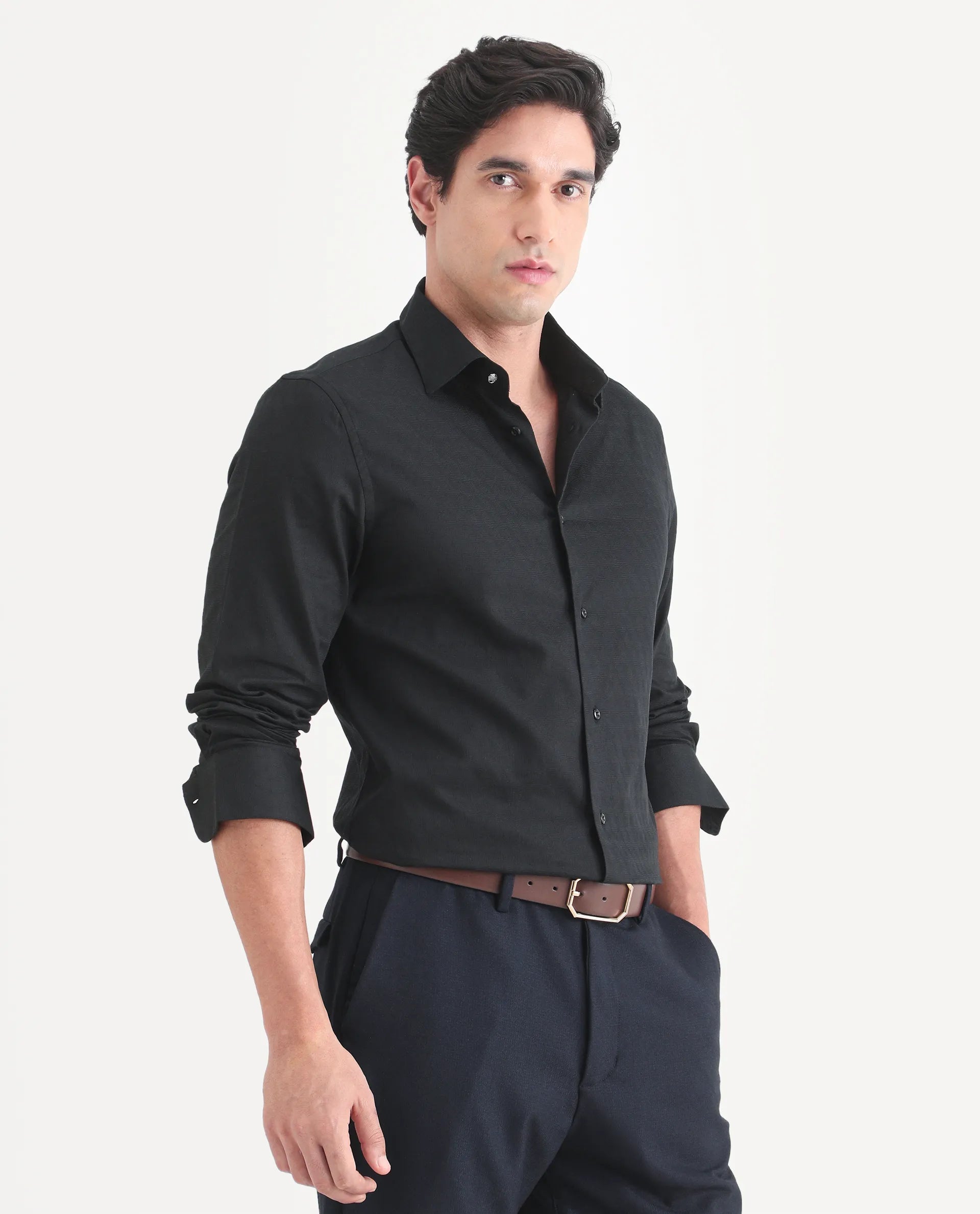 Rare Rabbit Men's Pemo Black Cotton Full Sleeve Spread Collar Regular Fit Jacquard Shirt