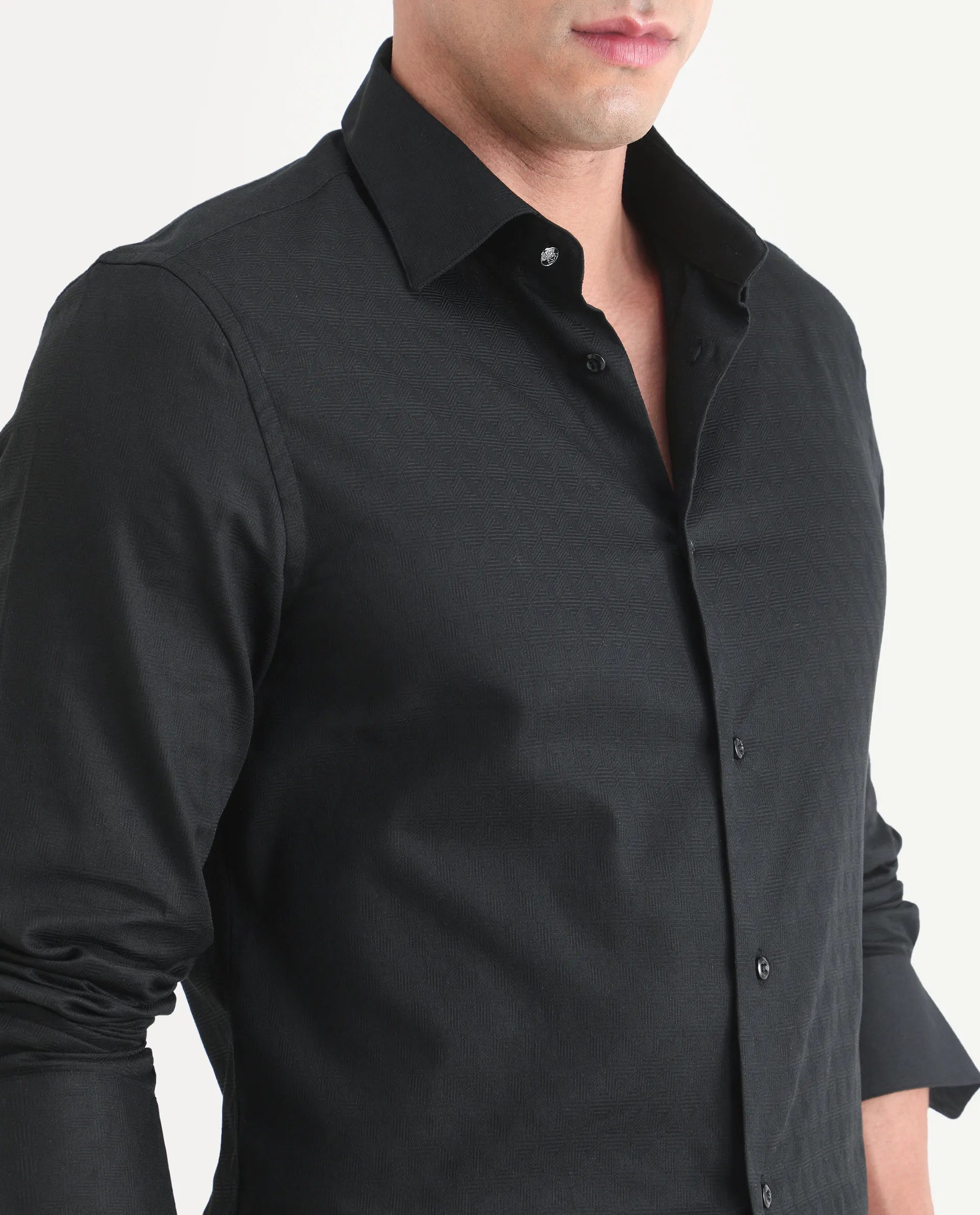 Rare Rabbit Men's Pemo Black Cotton Full Sleeve Spread Collar Regular Fit Jacquard Shirt