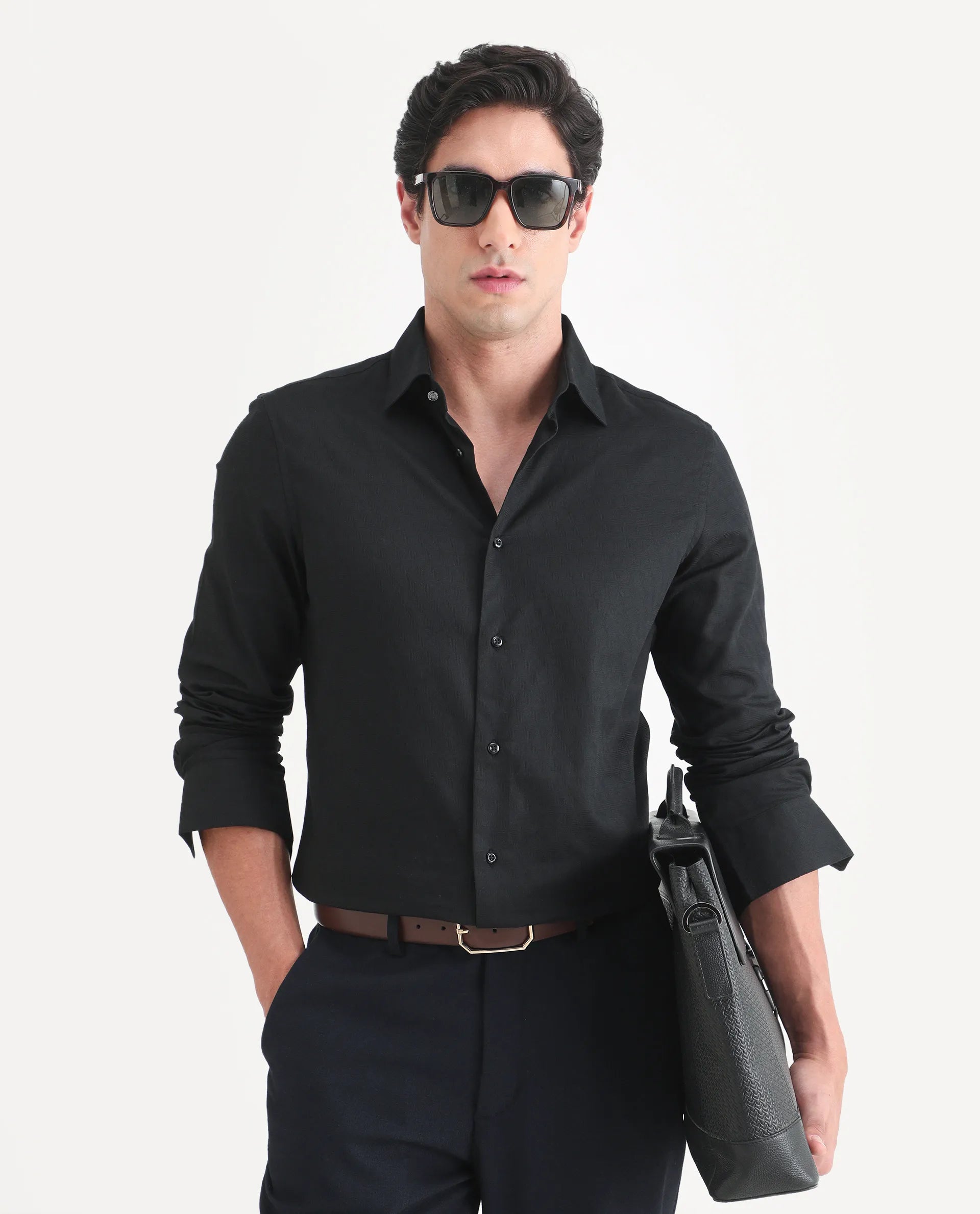 Rare Rabbit Men's Pemo Black Cotton Full Sleeve Spread Collar Regular Fit Jacquard Shirt