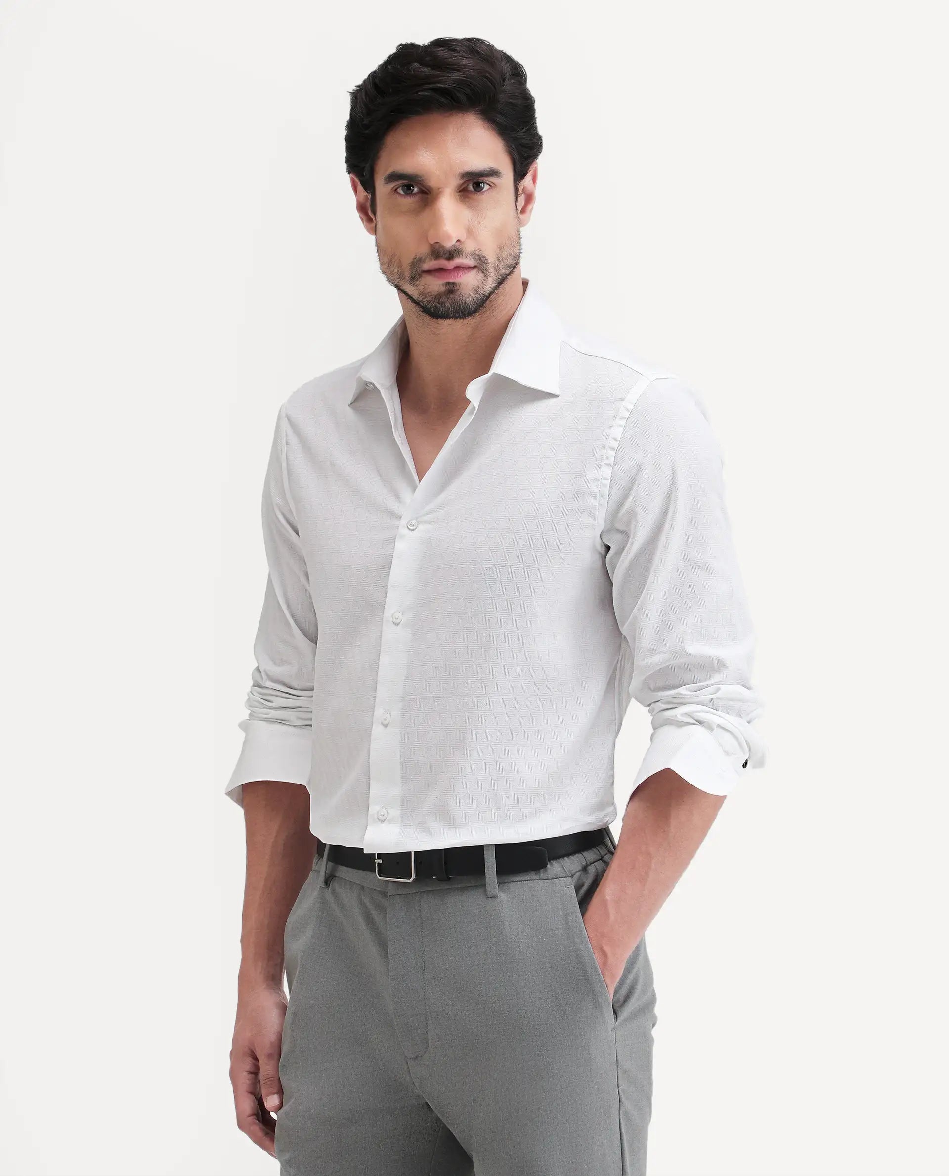 Rare Rabbit Men's Pemo White Cotton Full Sleeve Spread Collar Regular Fit Jacquard Shirt