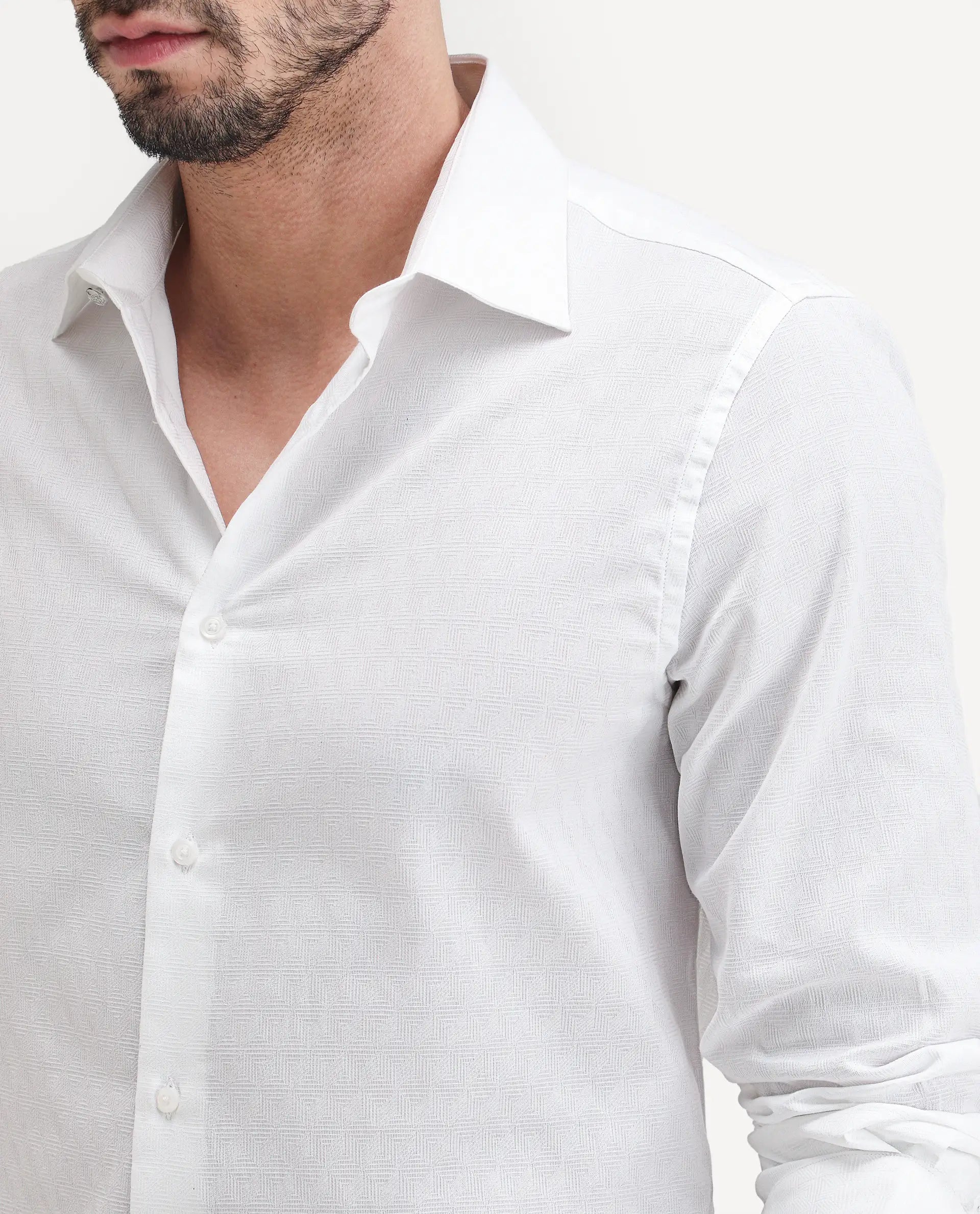 Rare Rabbit Men's Pemo White Cotton Full Sleeve Spread Collar Regular Fit Jacquard Shirt