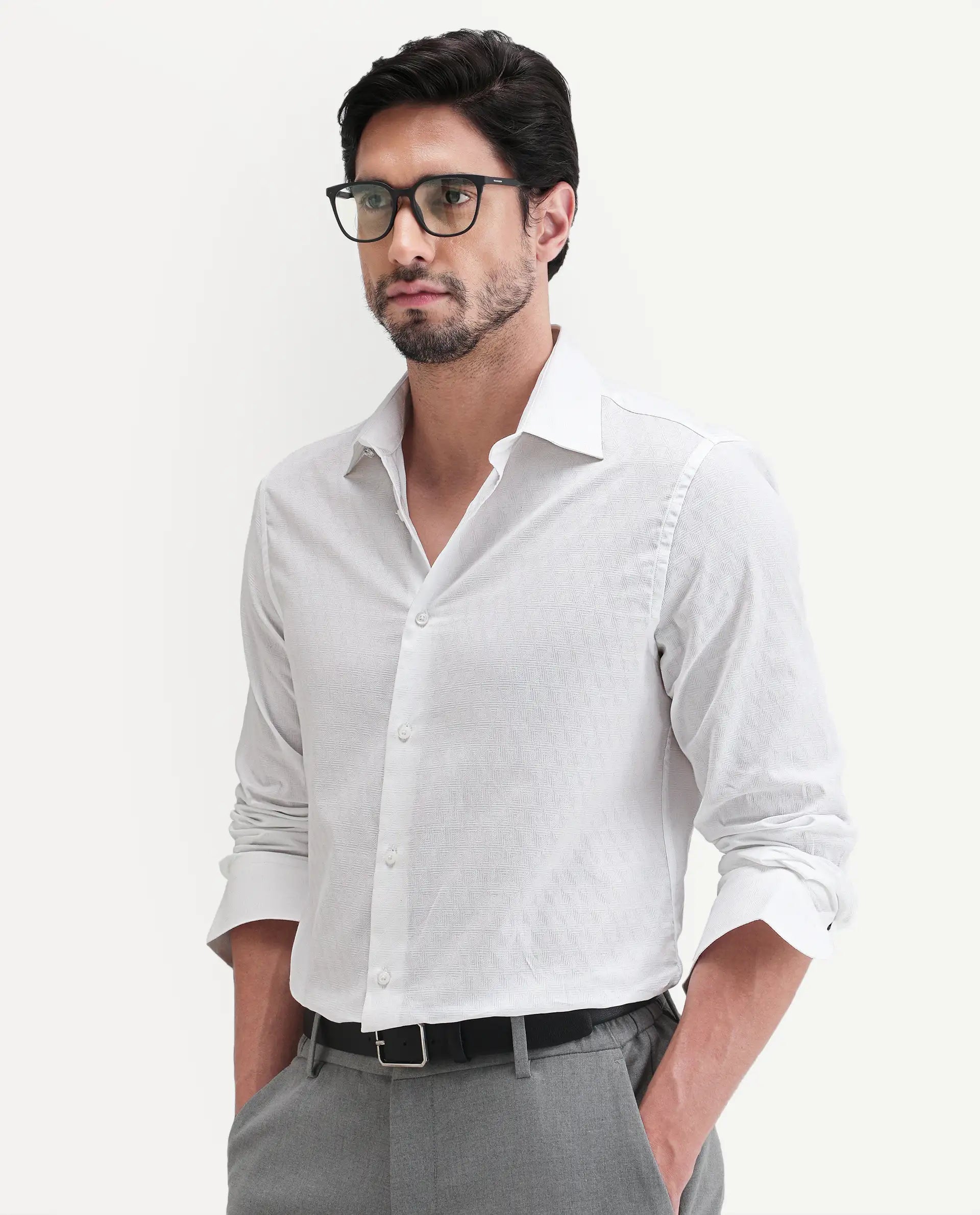 Rare Rabbit Men's Pemo White Cotton Full Sleeve Spread Collar Regular Fit Jacquard Shirt