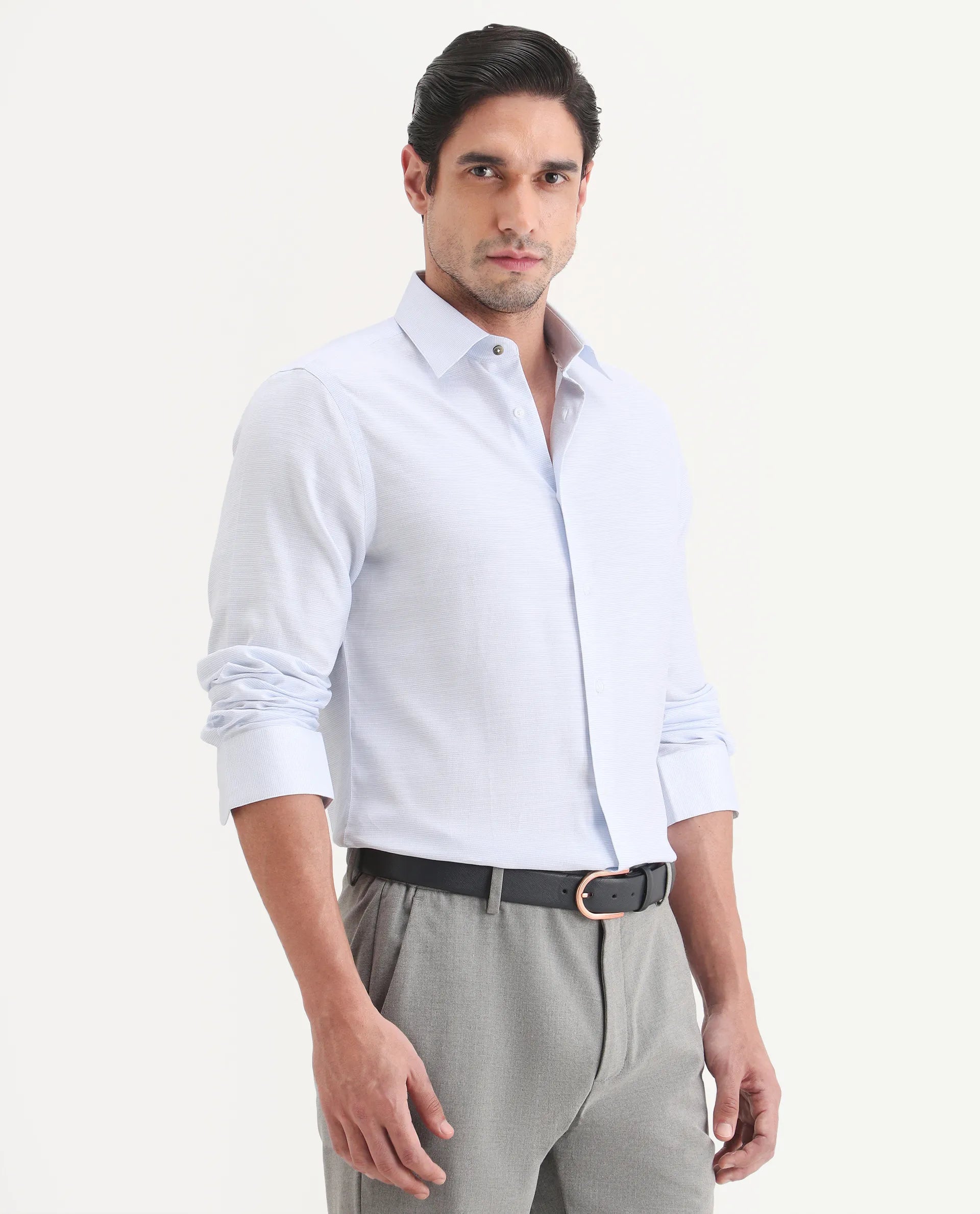 Rare Rabbit Men's Reef Light Blue Cotton Fabric Full Sleeve Spread Collar Button Regular Plain Shirt