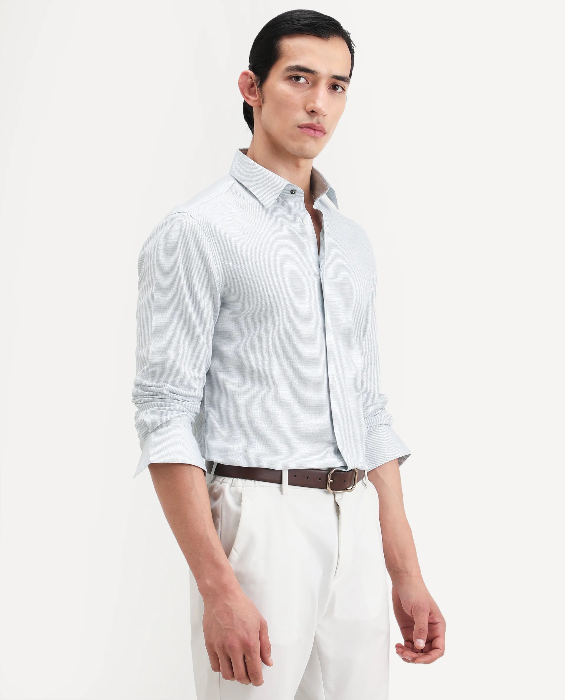 Rare Rabbit Men's Reef Light Green Cotton Fabric Full Sleeve Spread Collar Button Regular Plain Shirt
