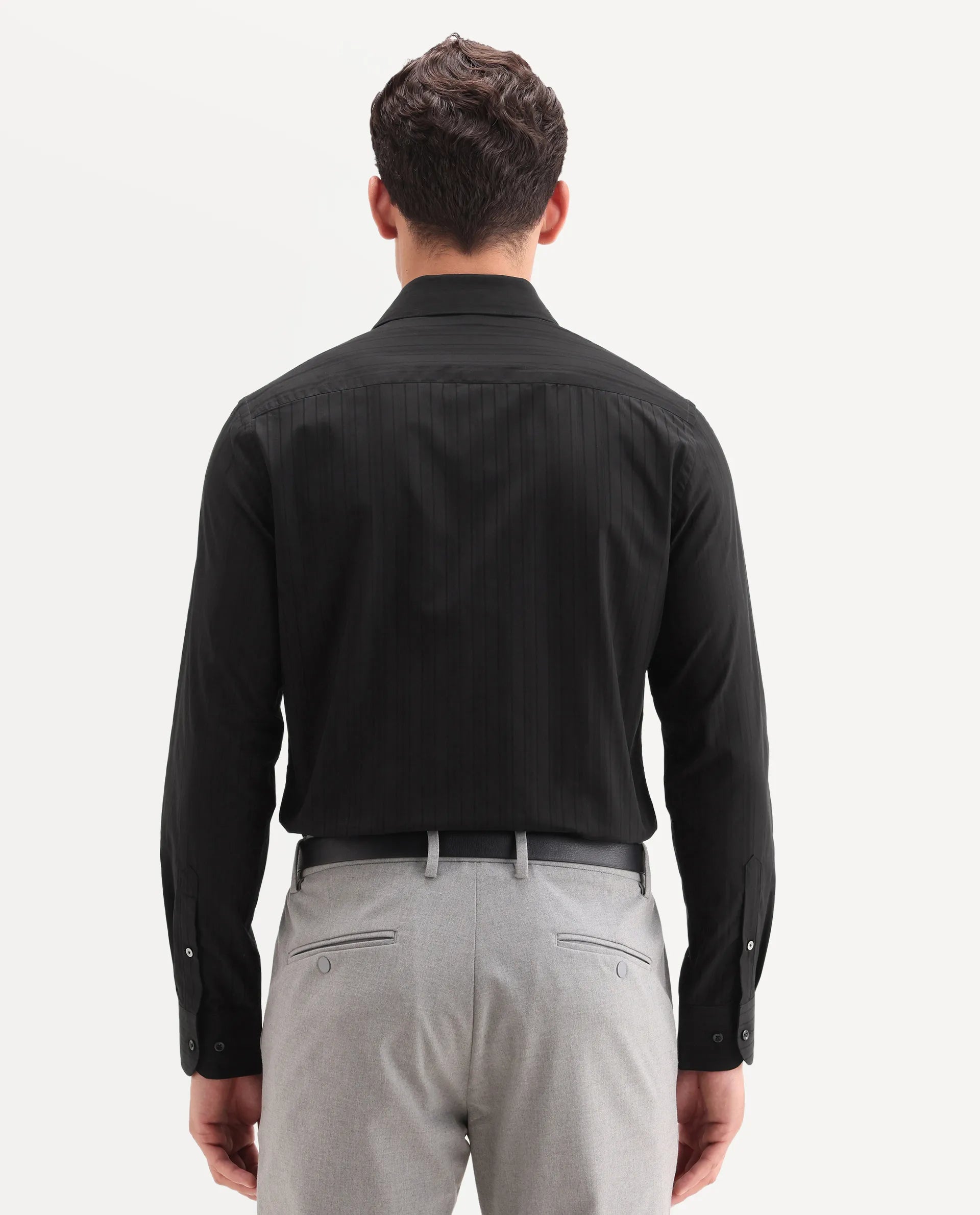 Rare Rabbit Men's Repo-26 Black Cotton Full Sleeve Spread Collar Regular Fit Striped Shirt