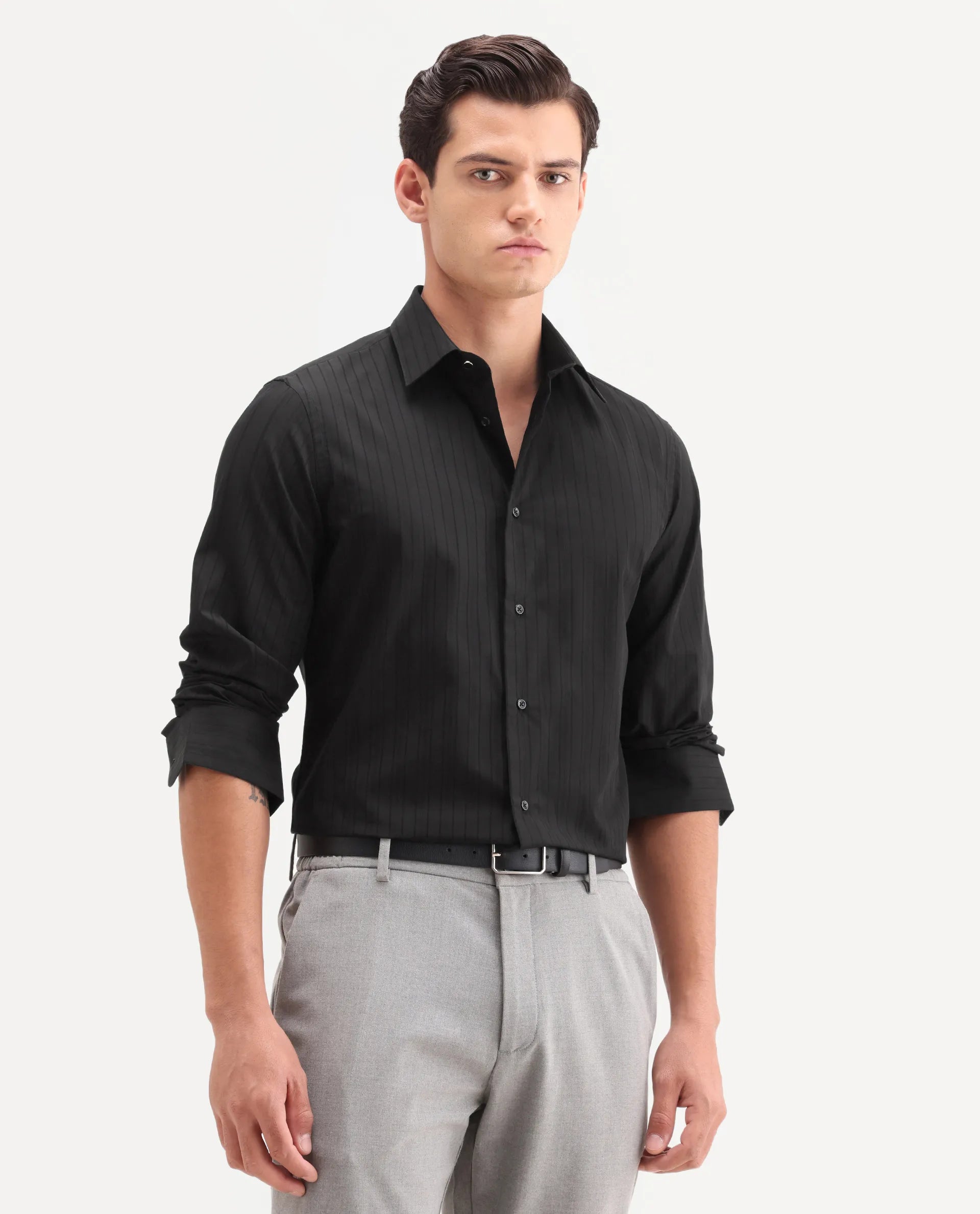 Rare Rabbit Men's Repo-26 Black Cotton Full Sleeve Spread Collar Regular Fit Striped Shirt
