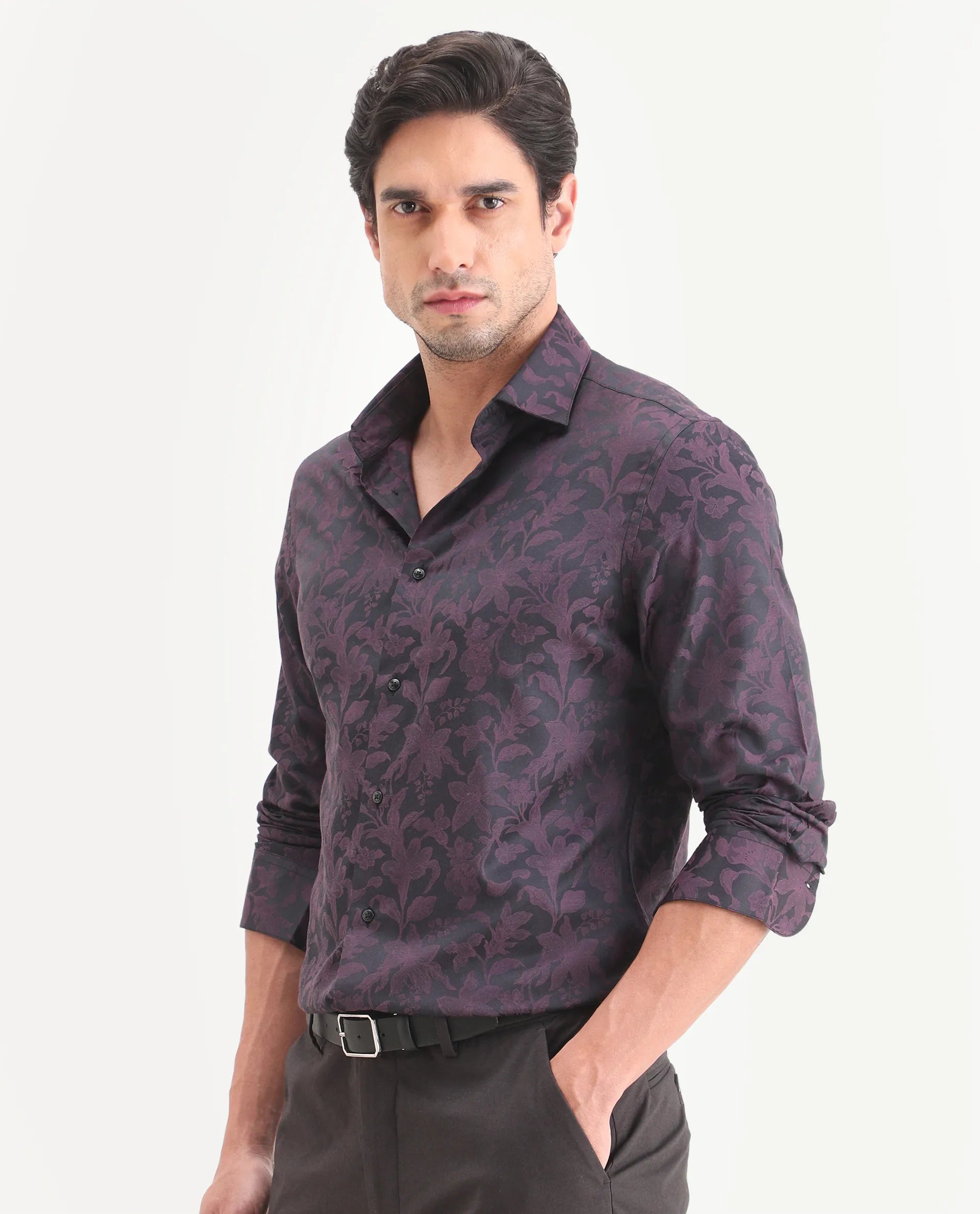 Rare Rabbit Men's Ringer Ls 26 Dark Purple Polyester Blend Fabric Full Sleeve Spread Collar Regular Fit Jacquard Shirt
