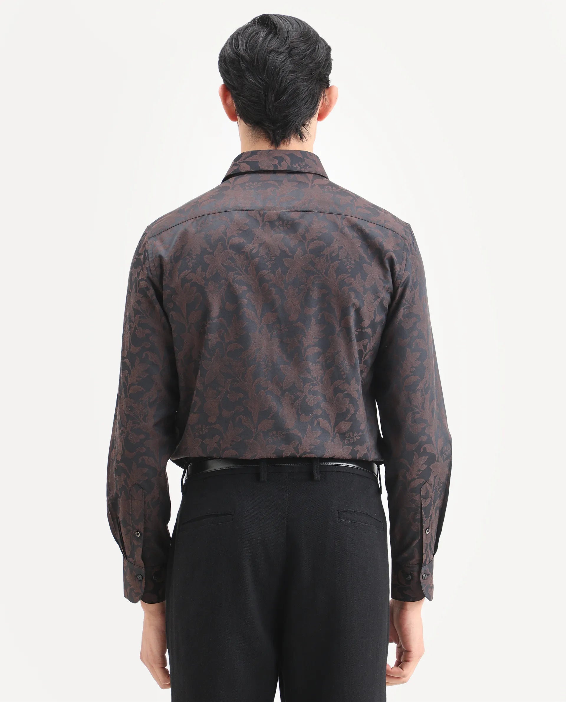 Rare Rabbit Men's Ringer Ls 26 Dark Brown Polyester Blend Fabric Full Sleeve Spread Collar Regular Fit Jacquard Shirt