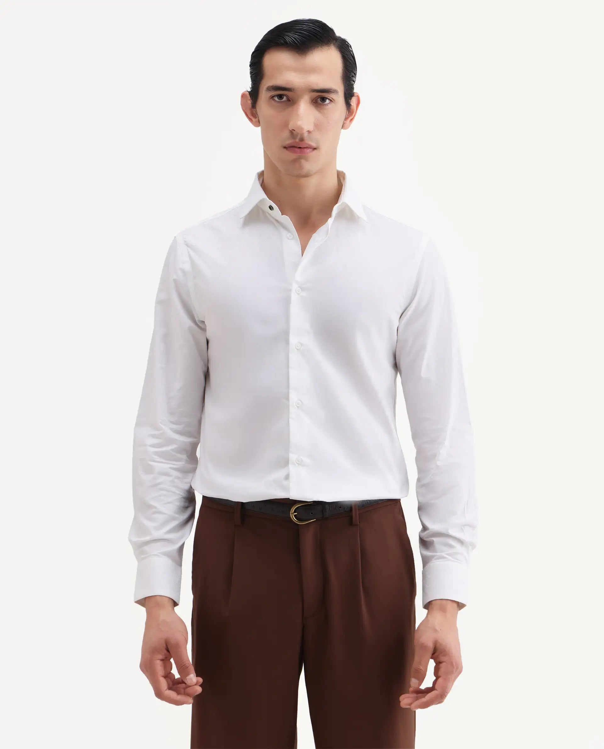Rare Rabbit Men's Rutho White Cotton Full Sleeve Spread Collar Regular Fit Plain Shirt