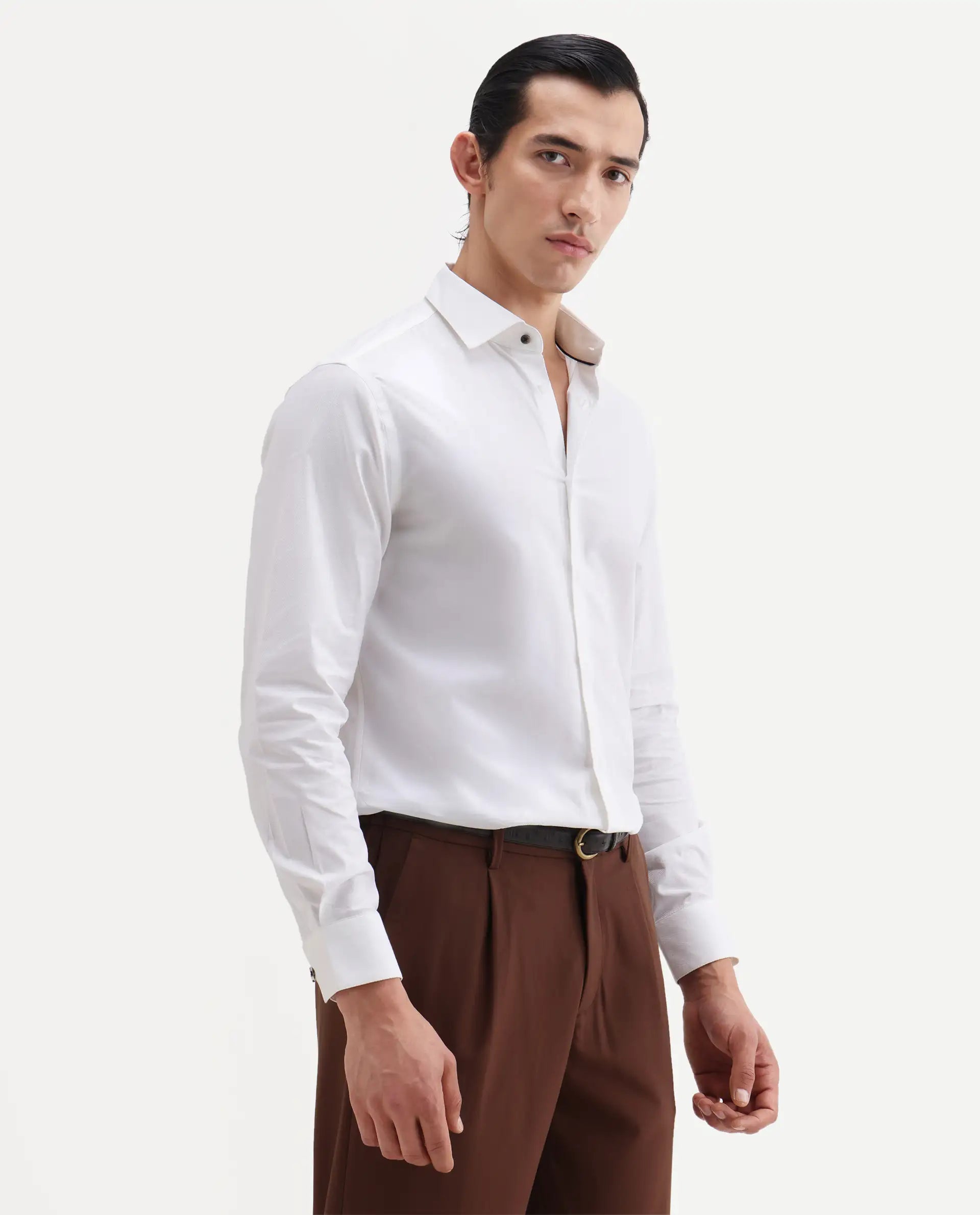 Rare Rabbit Men's Rutho White Cotton Full Sleeve Spread Collar Regular Fit Plain Shirt