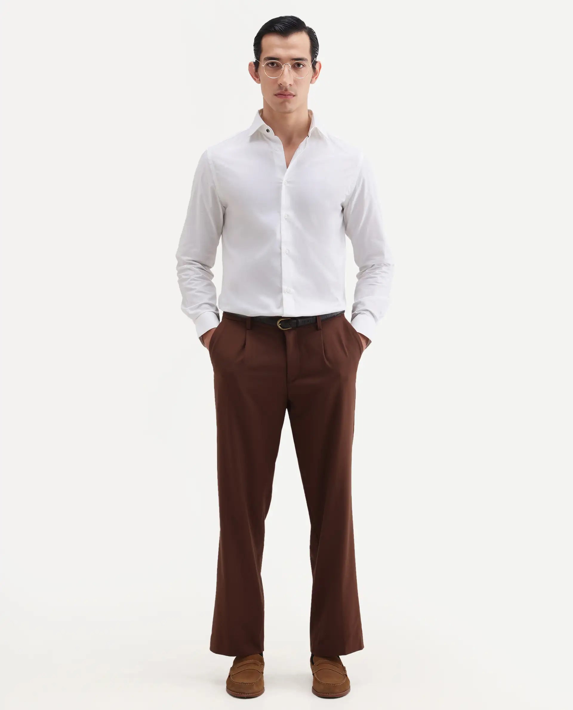 Rare Rabbit Men's Rutho White Cotton Full Sleeve Spread Collar Regular Fit Plain Shirt
