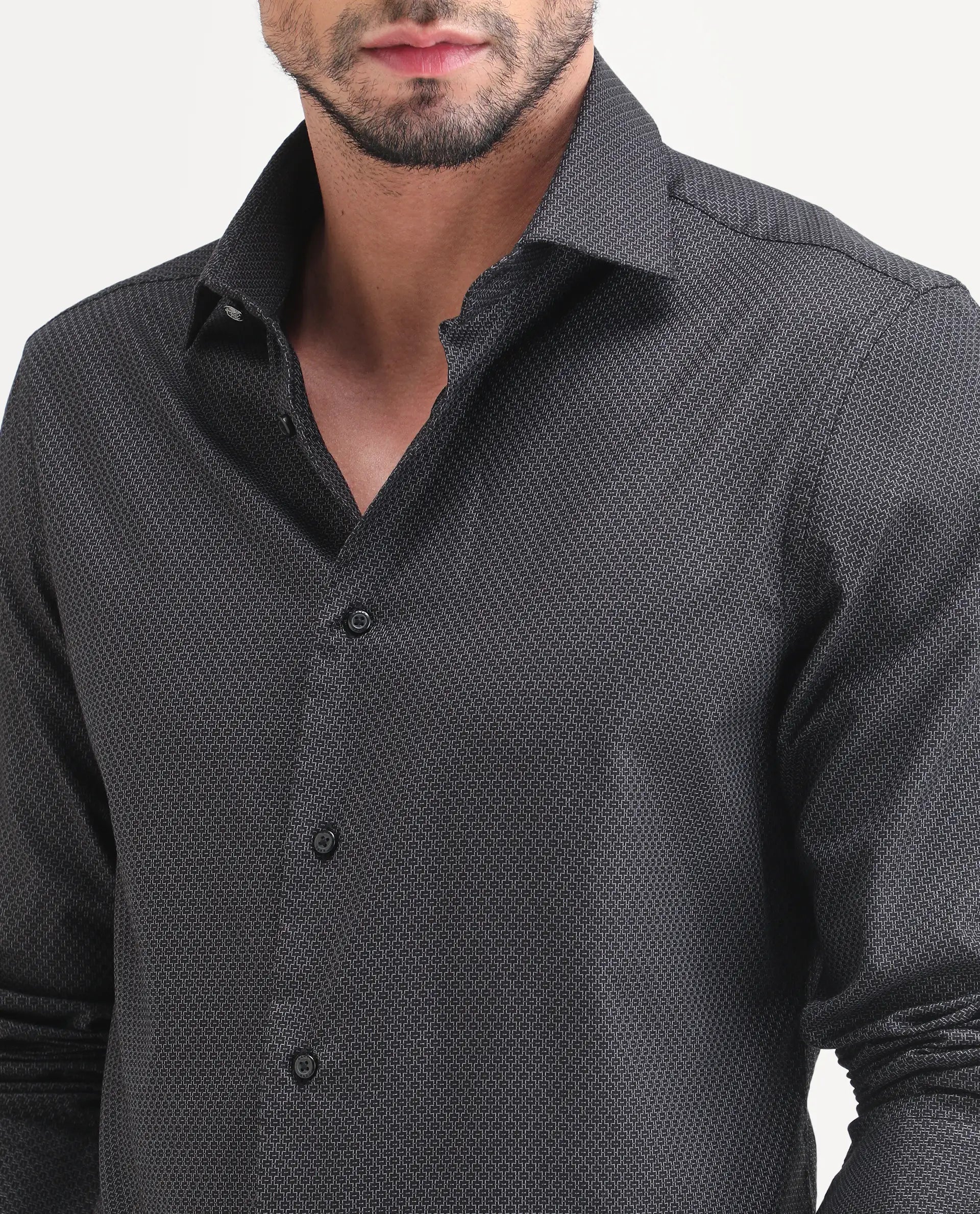Rare Rabbit Men's Soga Black Cotton Fabric Full Sleeve Spread Collar Button Regular Geometric Print Shirt
