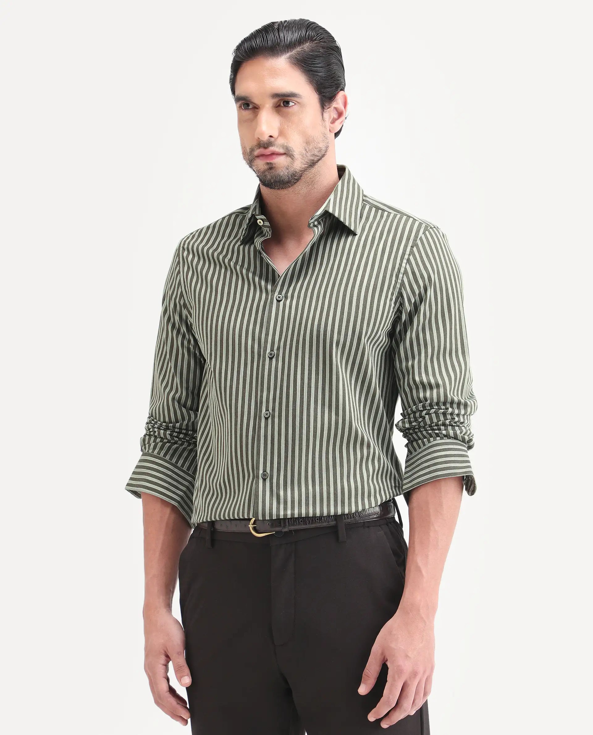 Rare Rabbit Men's Soti Green Cotton Full Sleeve Spread Collar Regular Fit Striped Shirt