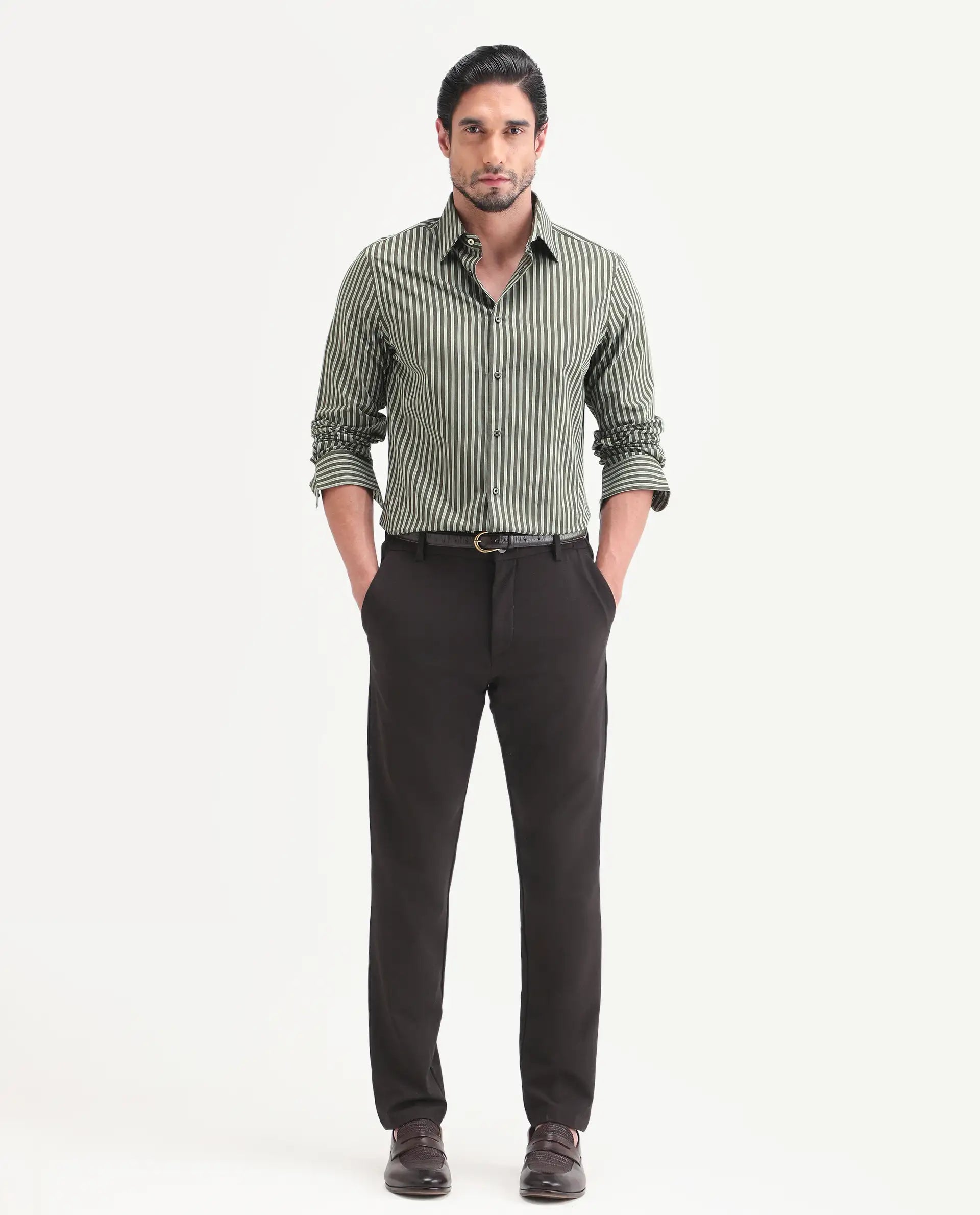 Rare Rabbit Men's Soti Green Cotton Full Sleeve Spread Collar Regular Fit Striped Shirt