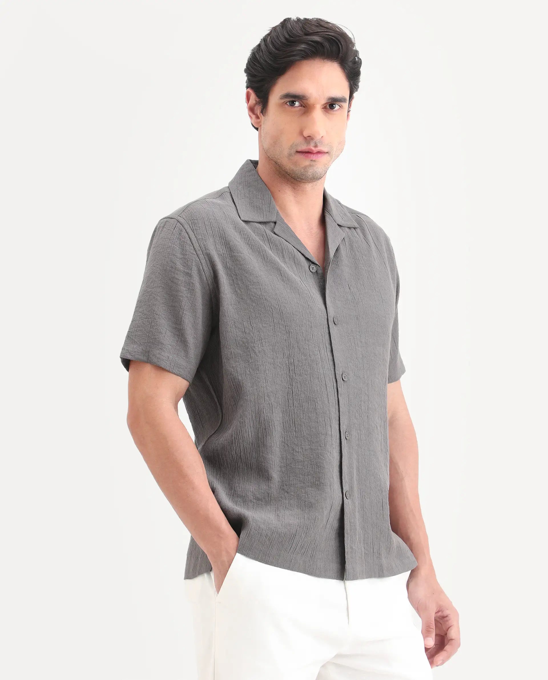 Rare Rabbit Men's Tali-S Dark Grey Viscose Blend Fabric Half Sleeve Cuban Collar Button Regular Plain Shirt