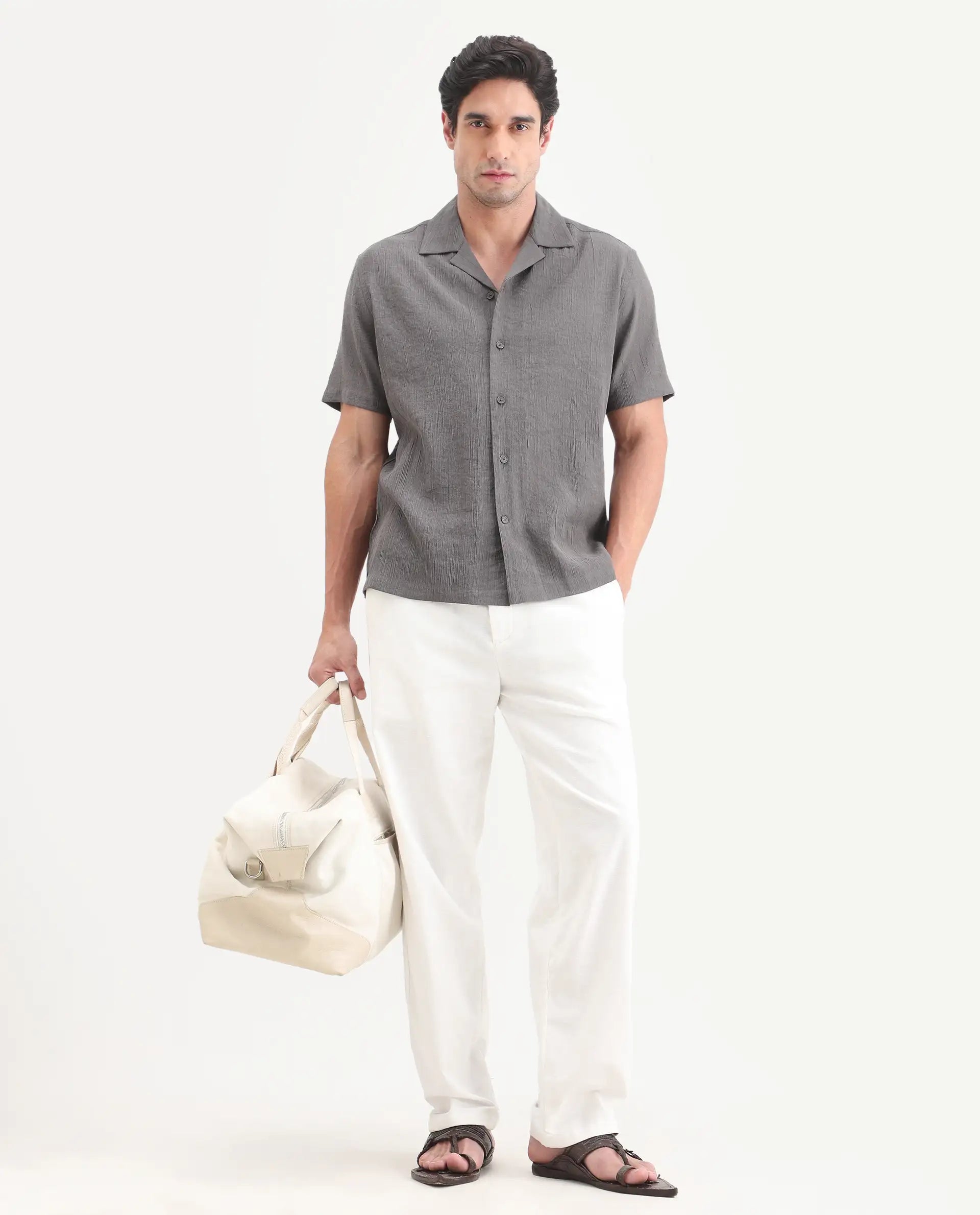 Rare Rabbit Men's Tali-S Dark Grey Viscose Blend Fabric Half Sleeve Cuban Collar Button Regular Plain Shirt
