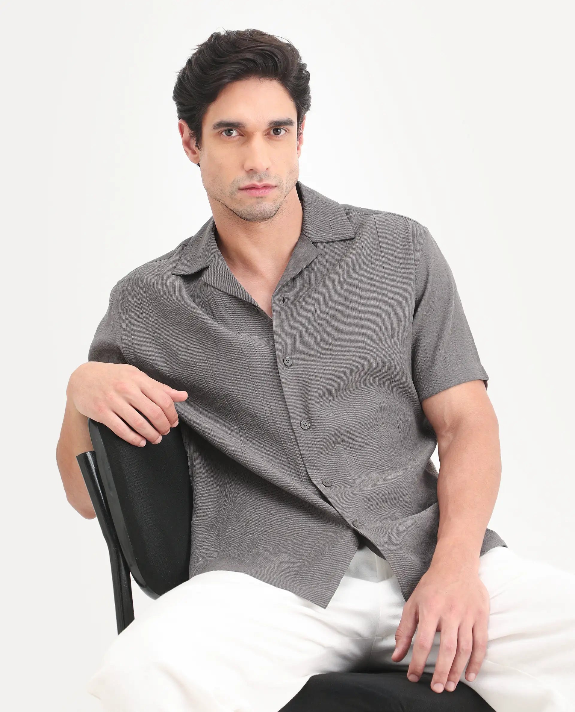 Rare Rabbit Men's Tali-S Dark Grey Viscose Blend Fabric Half Sleeve Cuban Collar Button Regular Plain Shirt