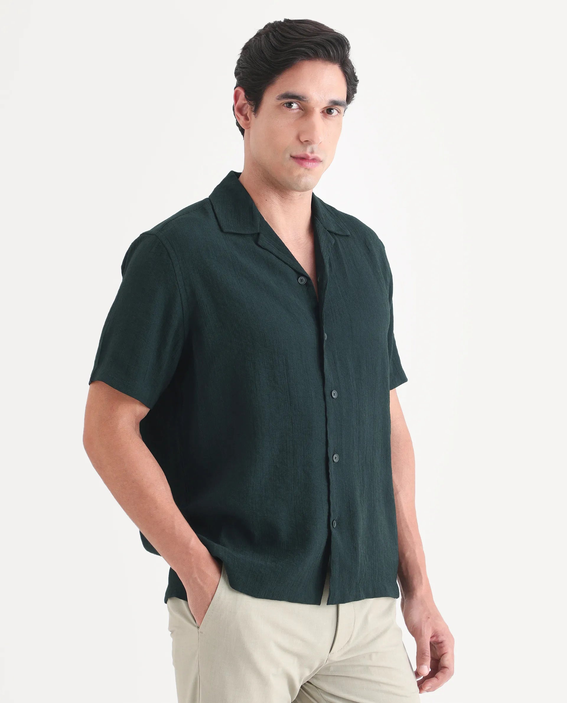 Rare Rabbit Men's Tali-S Green Viscose Blend Fabric Half Sleeve Cuban Collar Button Regular Plain Shirt
