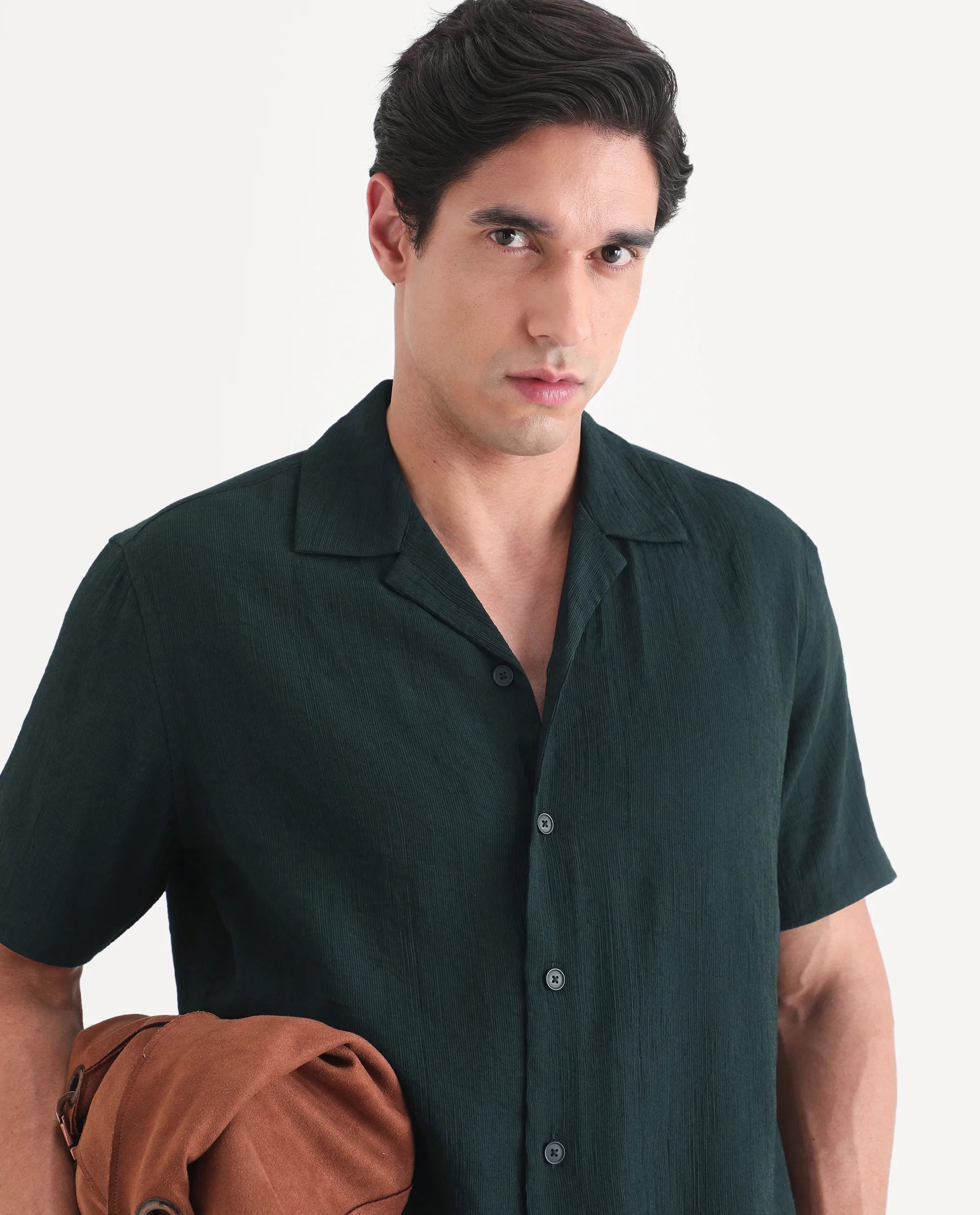 Rare Rabbit Men's Tali-S Green Viscose Blend Fabric Half Sleeve Cuban Collar Button Regular Plain Shirt