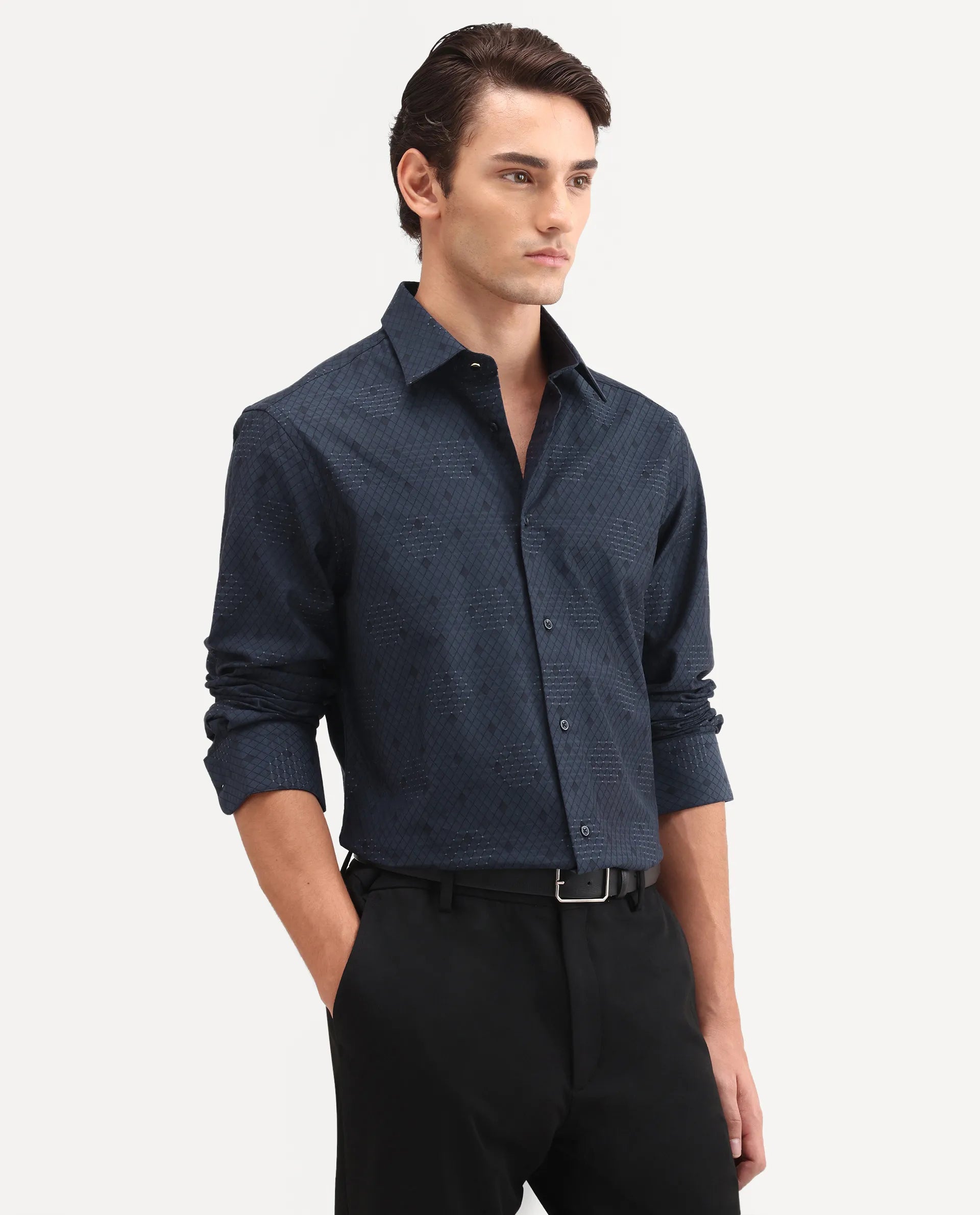 Rare Rabbit Men's Tham Navy Cotton Fabric Full Sleeve Spread Collar Button Regular Geometric Print Shirt