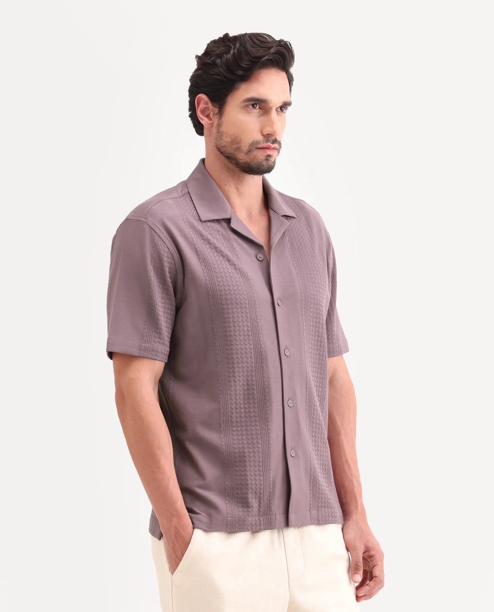 Rare Rabbit Men's Zinot Dusky Purple Cotton Blend Fabric Half Sleeve Cuban Collar Button Regular Plain Shirt