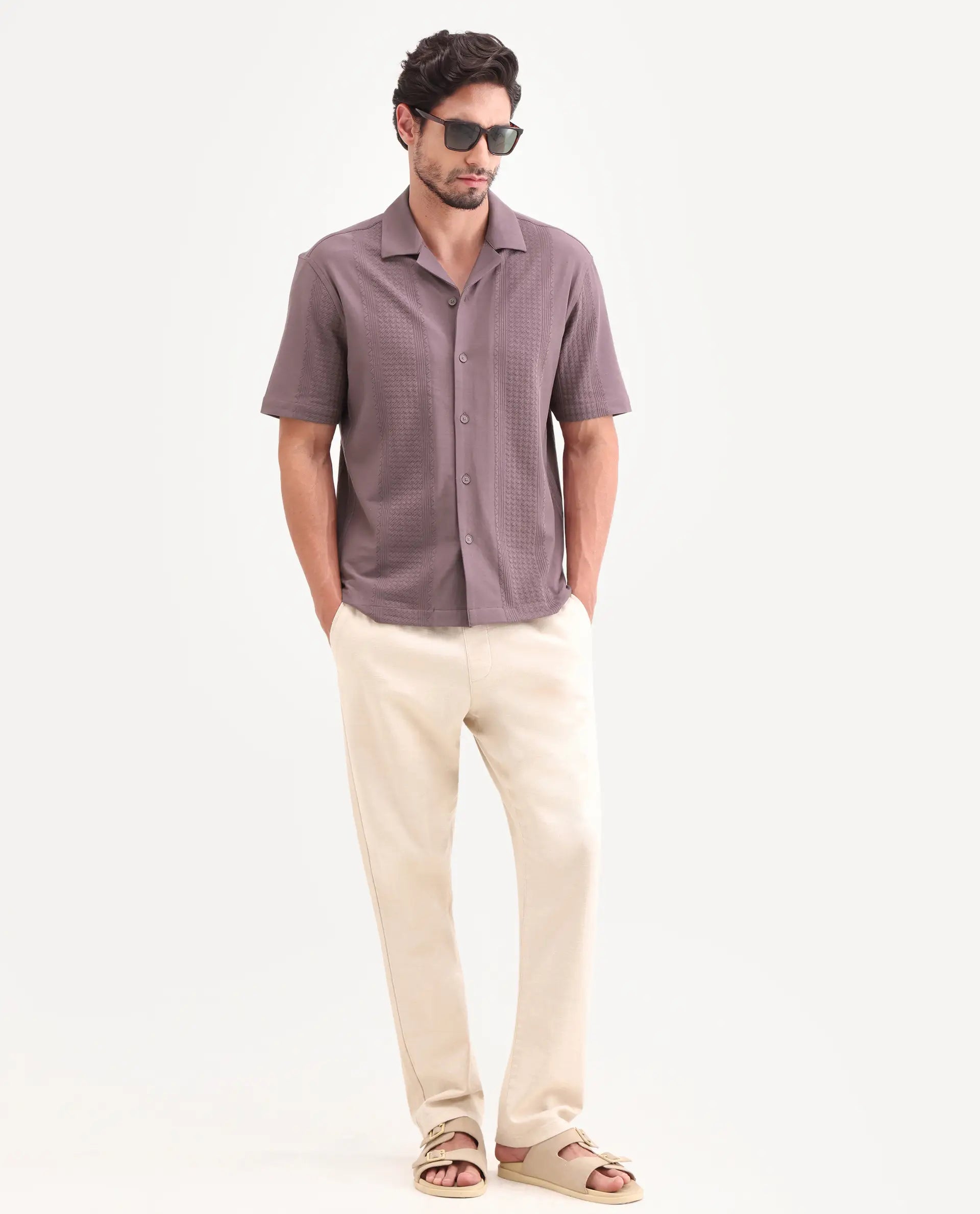 Rare Rabbit Men's Zinot Dusky Purple Cotton Blend Fabric Half Sleeve Cuban Collar Button Regular Plain Shirt