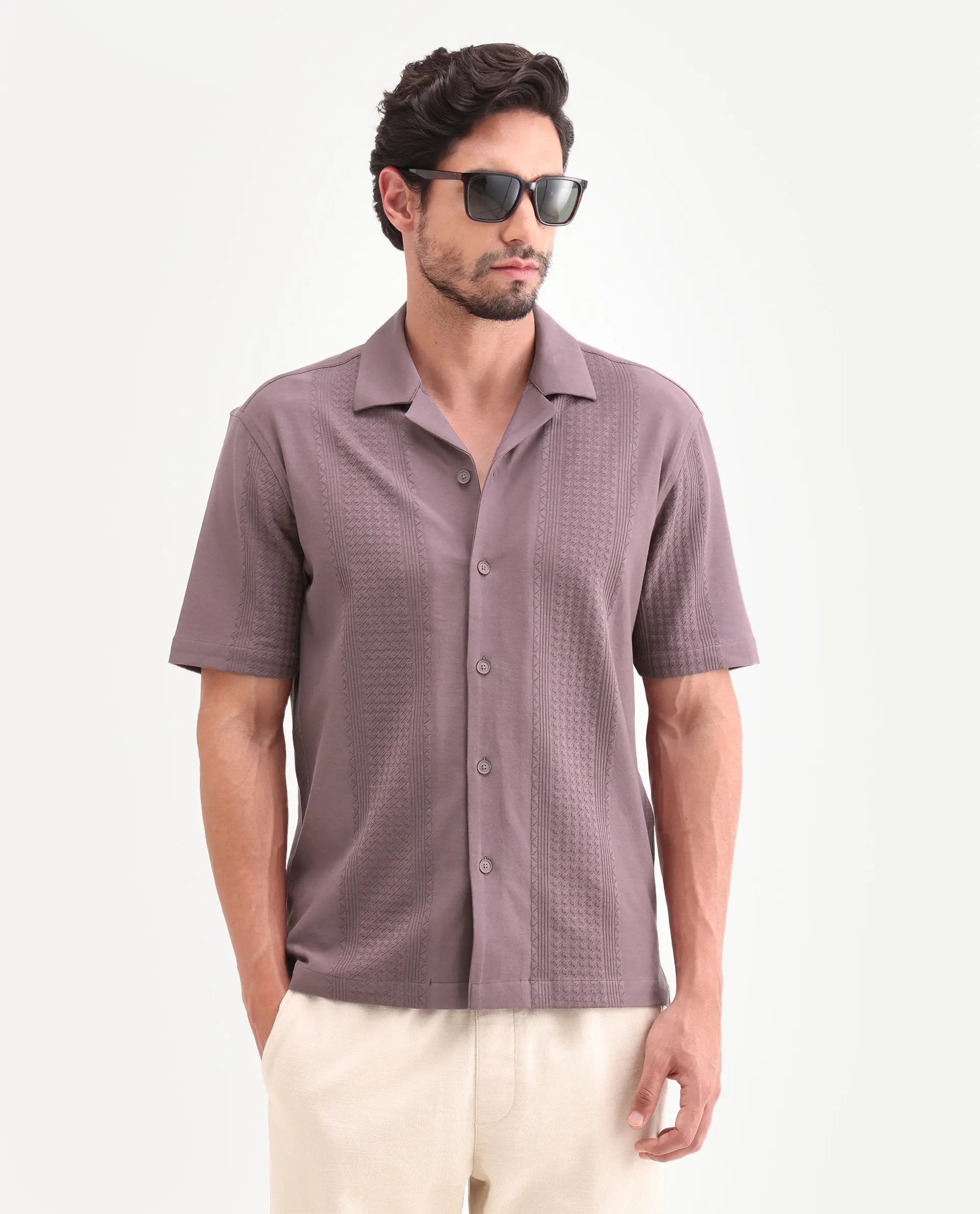 Rare Rabbit Men's Zinot Dusky Purple Cotton Blend Fabric Half Sleeve Cuban Collar Button Regular Plain Shirt