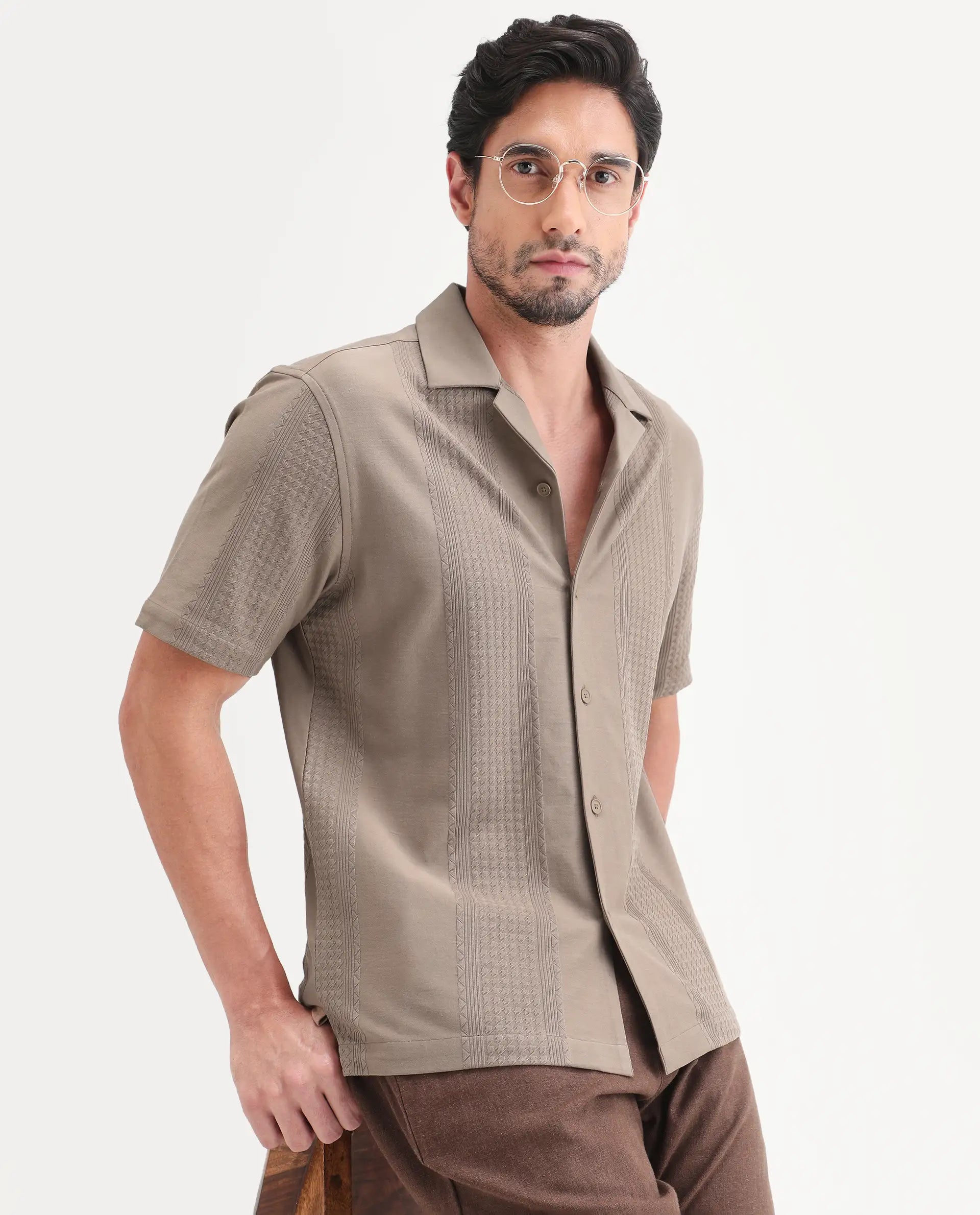 Rare Rabbit Men's Zinot Beige Cotton Blend Fabric Half Sleeve Cuban Collar Button Regular Plain Shirt