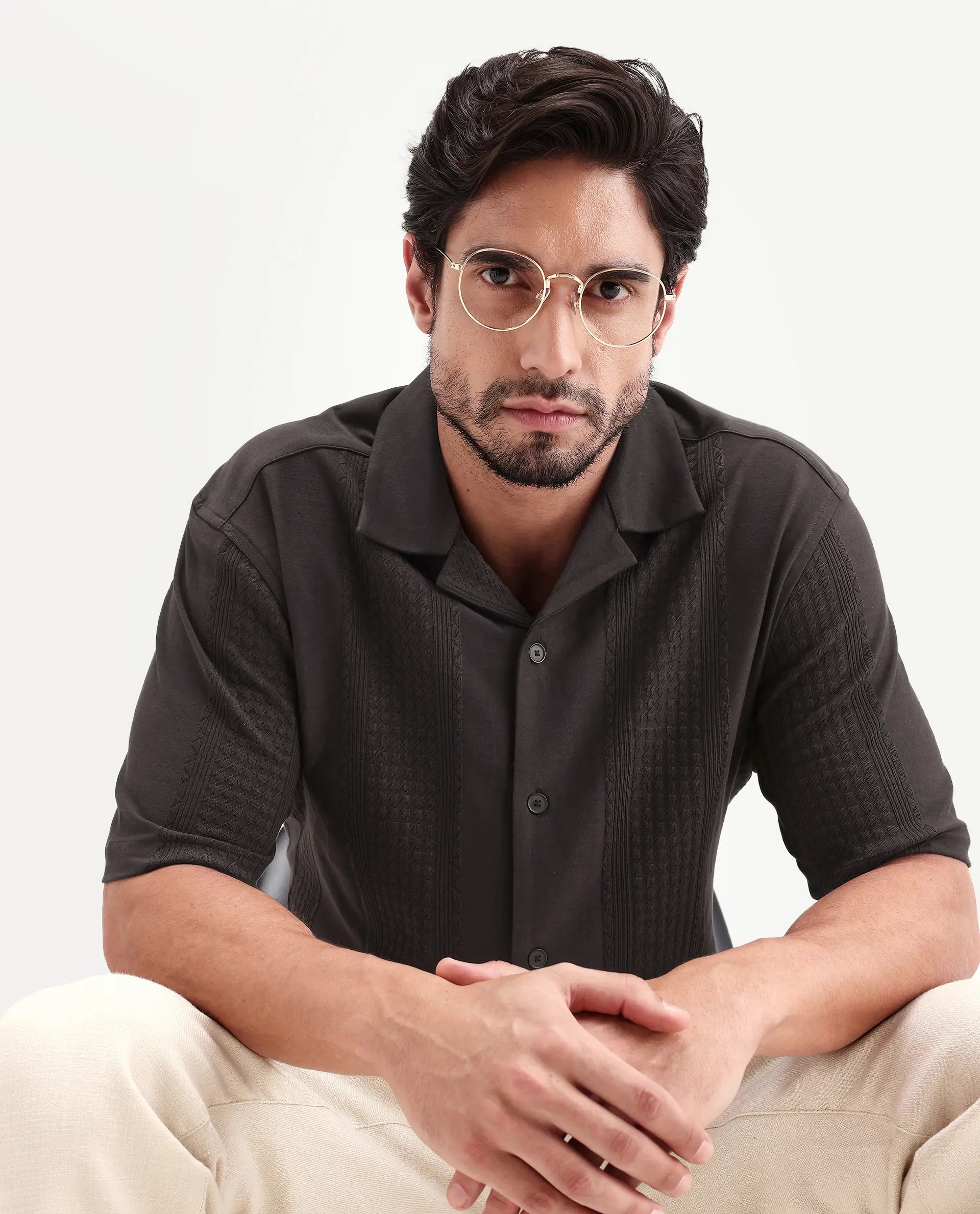 Rare Rabbit Men's Zinot Dark Brown Cotton Blend Fabric Half Sleeve Cuban Collar Button Regular Plain Shirt