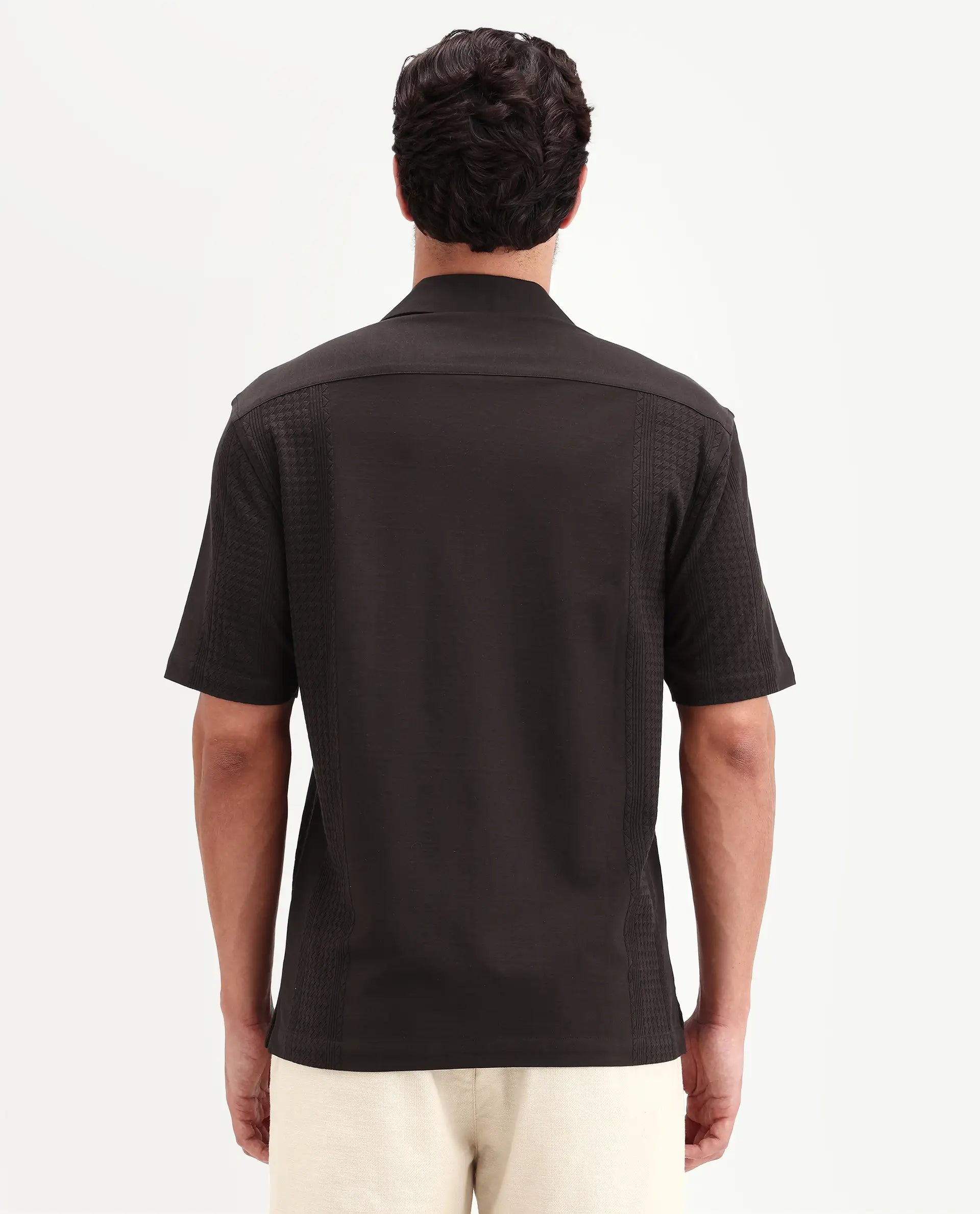Rare Rabbit Men's Zinot Dark Brown Cotton Blend Fabric Half Sleeve Cuban Collar Button Regular Plain Shirt