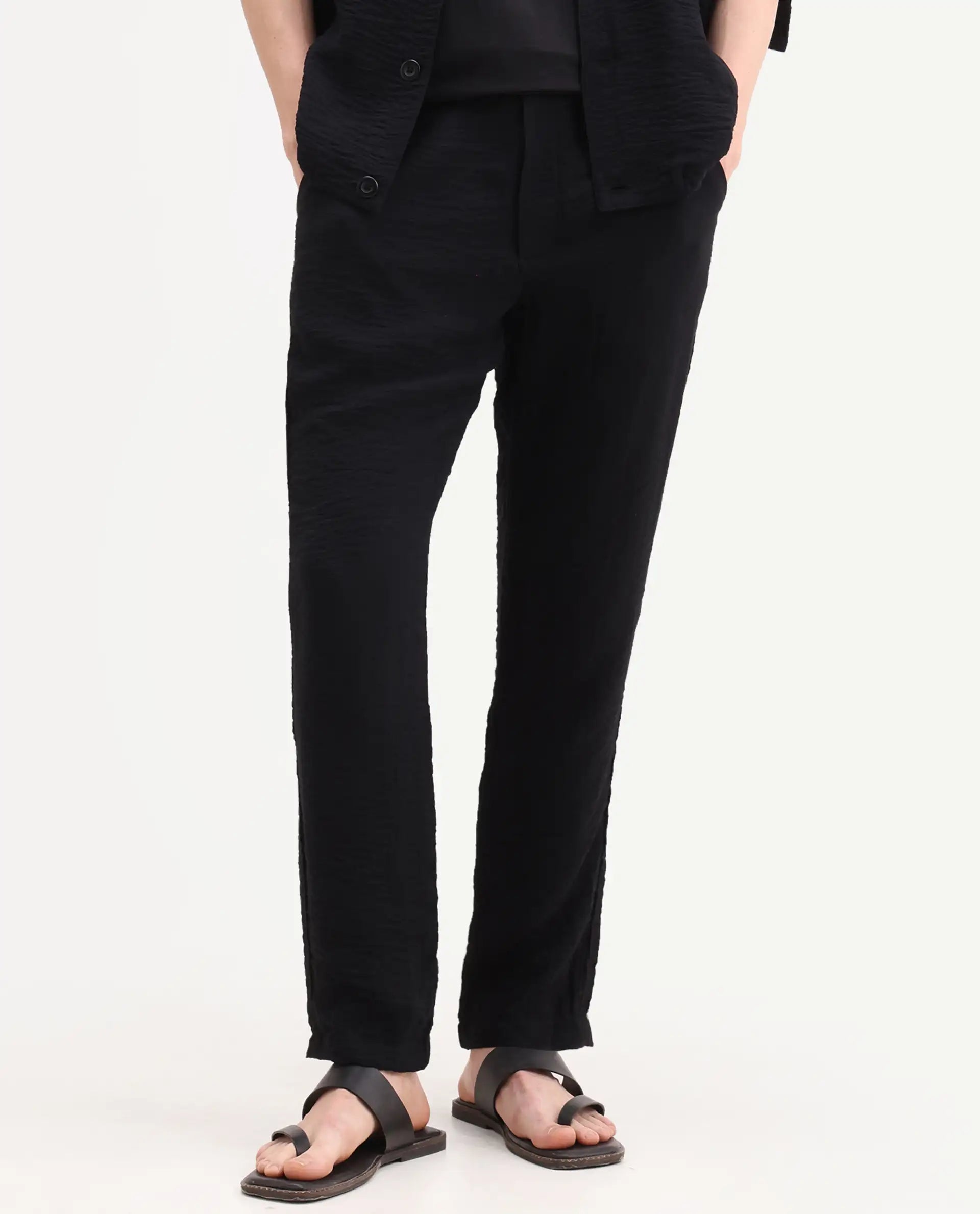 Rare Rabbit Men's Veon-T Black Viscose Blend Fabric Regular Fit Plain Trouser