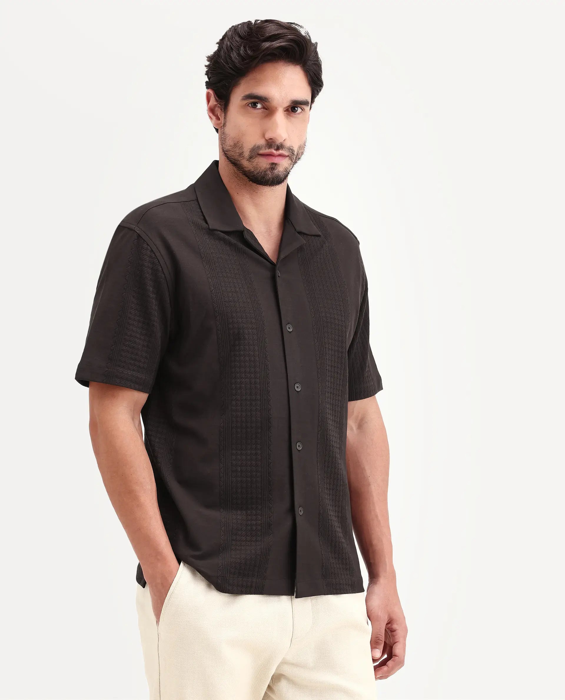 Rare Rabbit Men's Zinot Dark Brown Cotton Blend Fabric Half Sleeve Cuban Collar Button Regular Plain Shirt