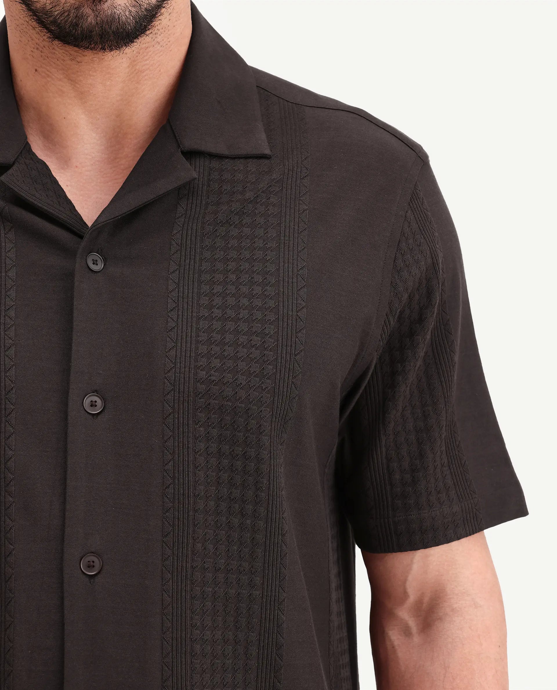 Rare Rabbit Men's Zinot Dark Brown Cotton Blend Fabric Half Sleeve Cuban Collar Button Regular Plain Shirt